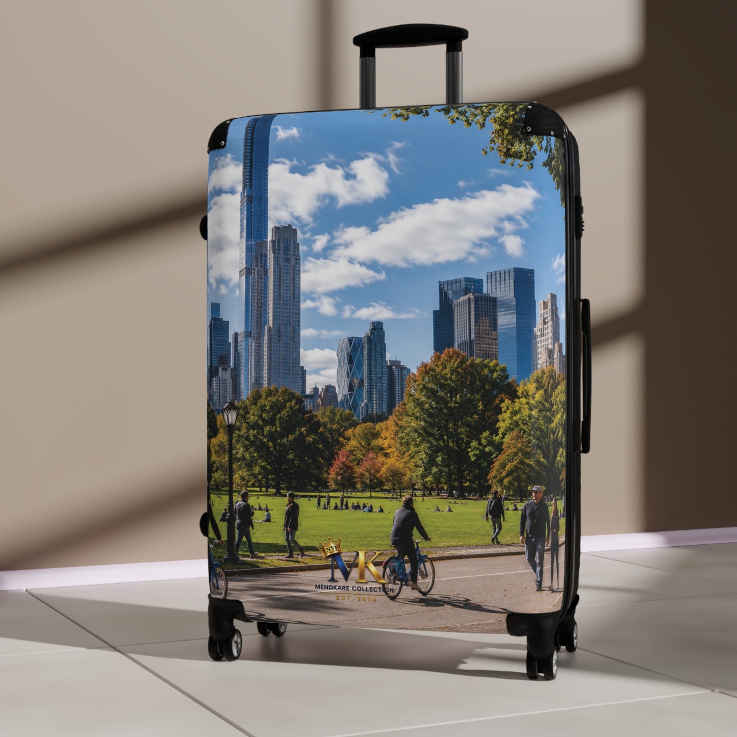City Park Skyline Carry-On Suitcase – Urban Photography Luggage with Bicycle Scene