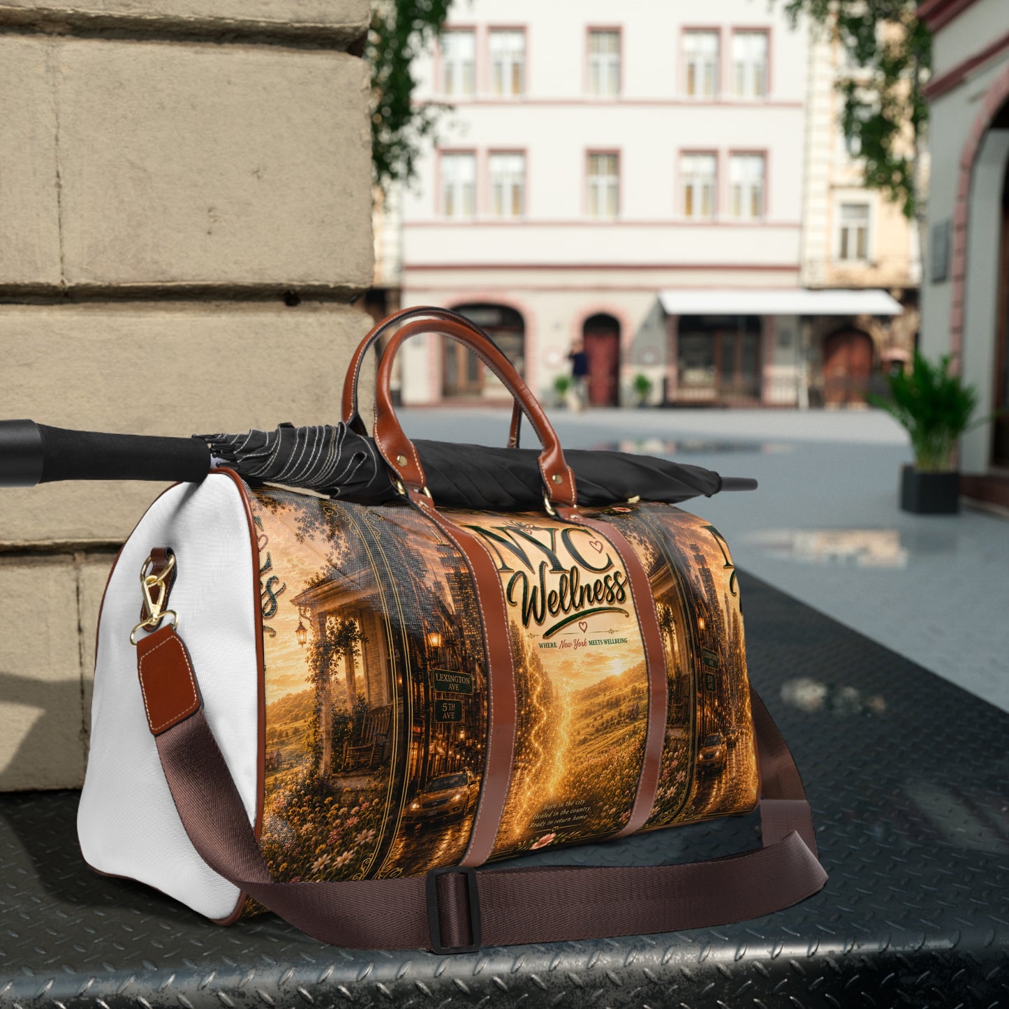 NYC Wellness Waterproof Travel Bag — Urban Sunrise Duffle for Weekend Getaways