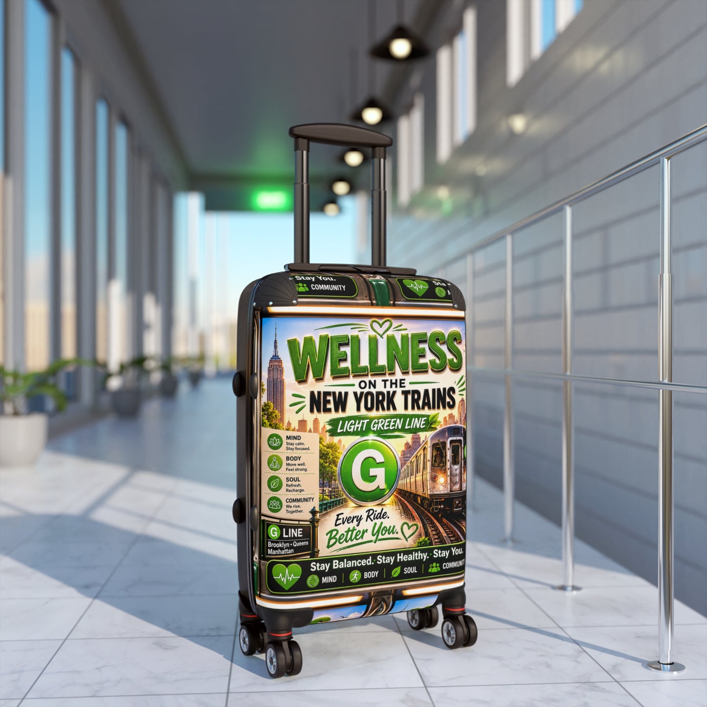 Wellness on the New York Trains Suitcase — Light Green Line Travel Carry-On