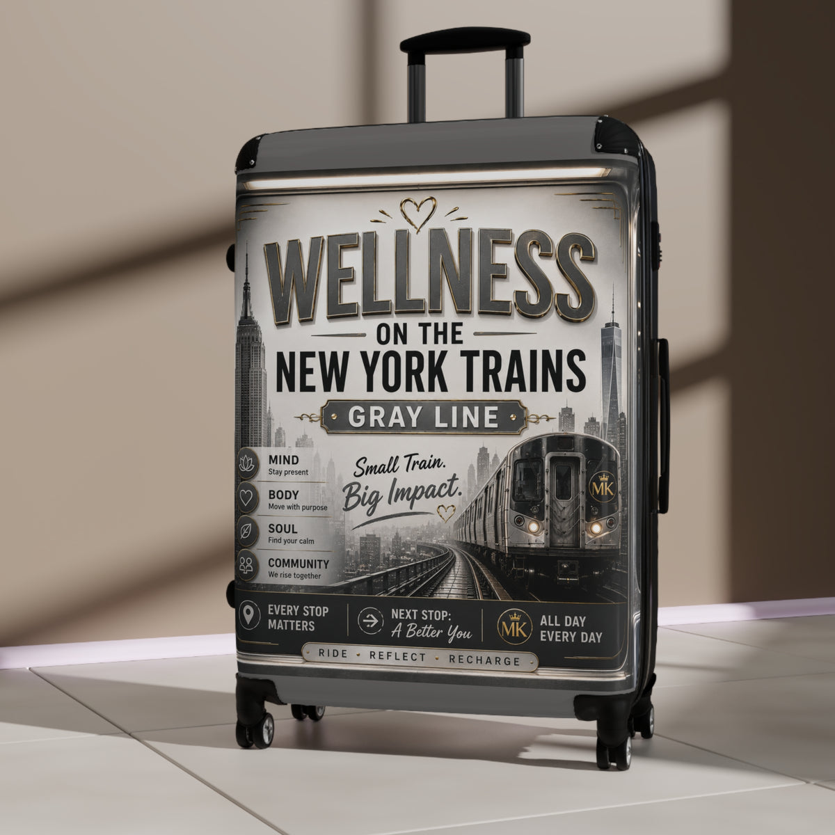 Wellness Train Suitcase – New York Trains Graphic Carry-On Gray Line