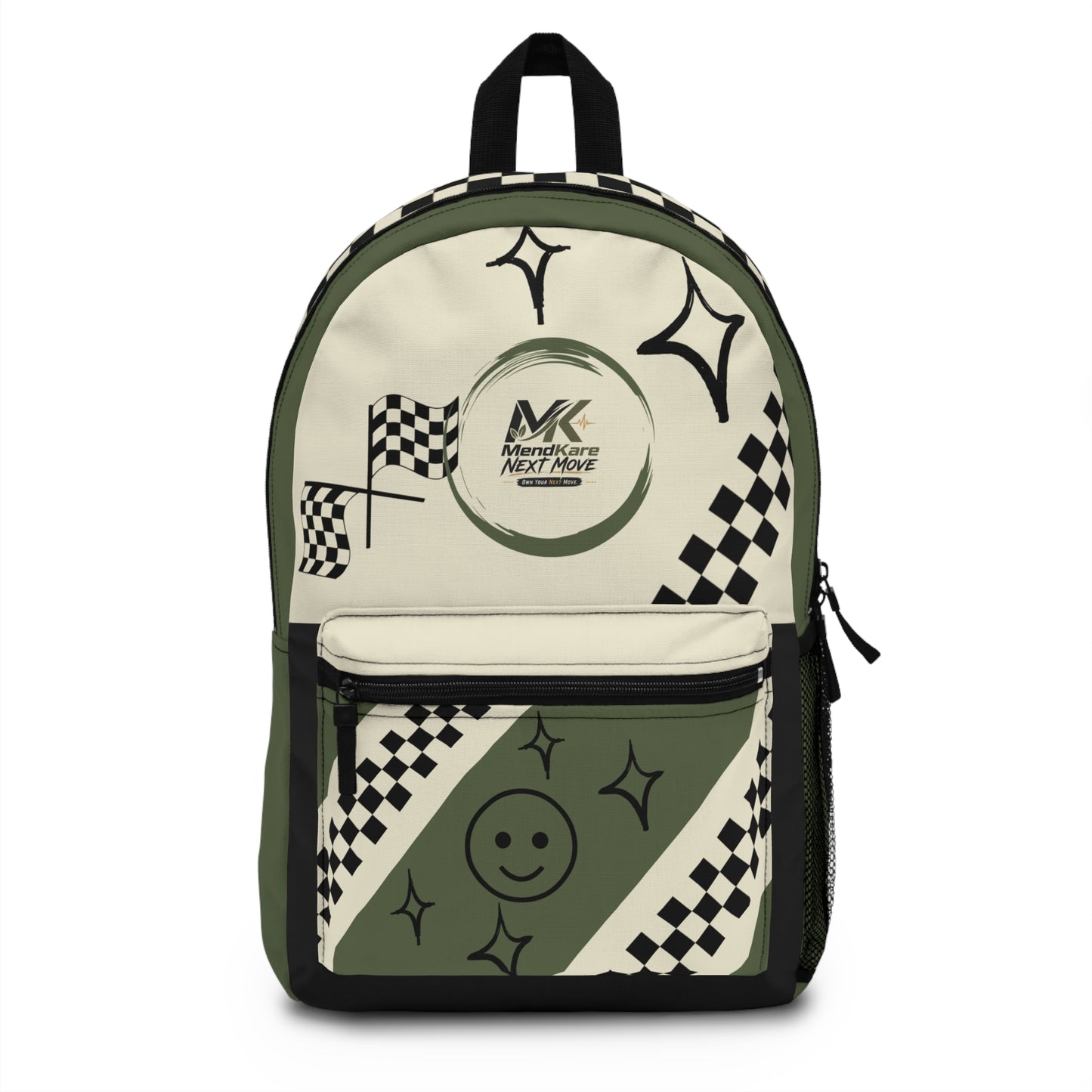 Racing Smile Backpack — Olive Checkerboard Flag Print