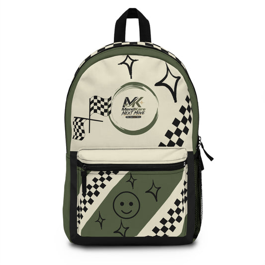 Racing Smile Backpack — Olive Checkerboard Flag Print