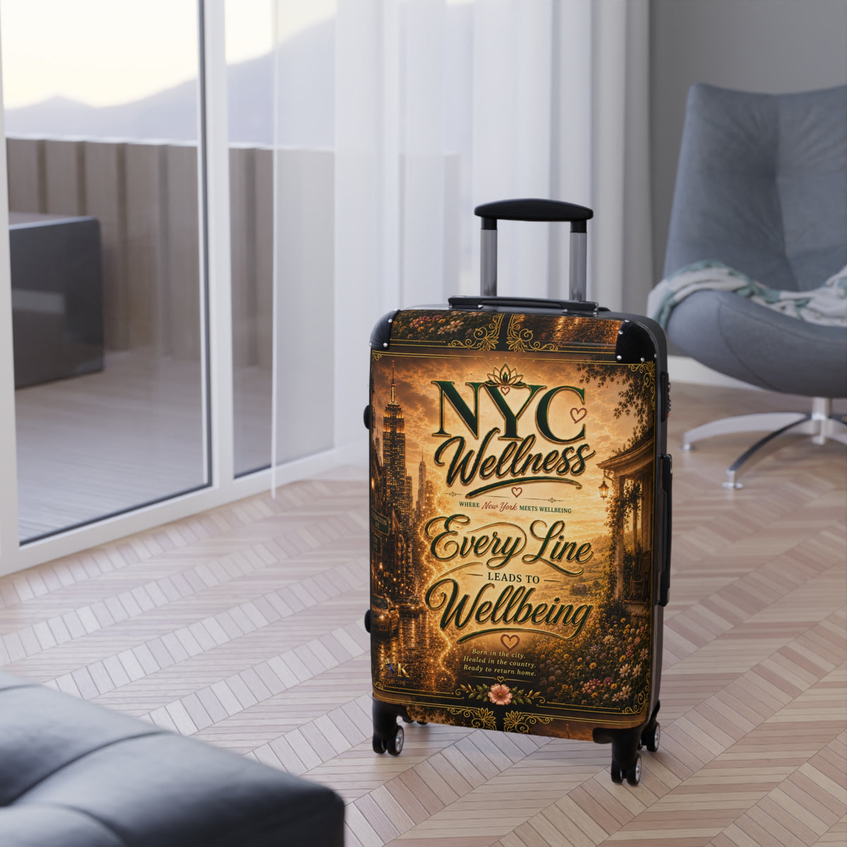 NYC Wellness Suitcase - Vintage Travel Luggage with "Every Line Leads to Wellbeing" Design