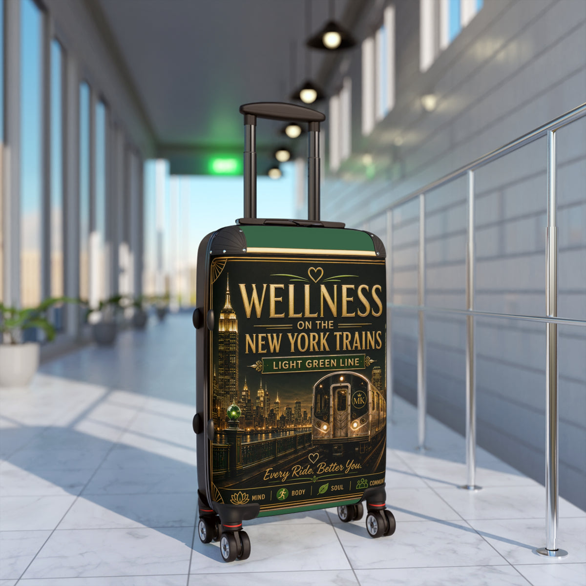Wellness on the New York Trains Carry-On Suitcase — Light Green Line Travel Luggage