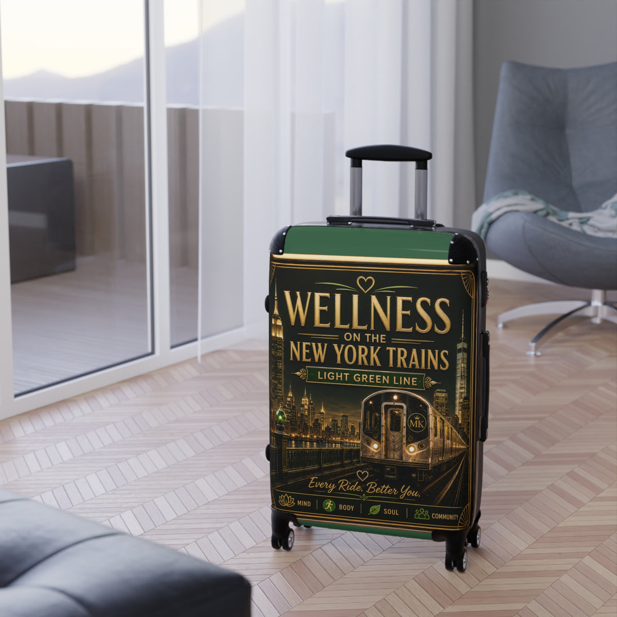 Wellness on the New York Trains Carry-On Suitcase — Light Green Line Travel Luggage