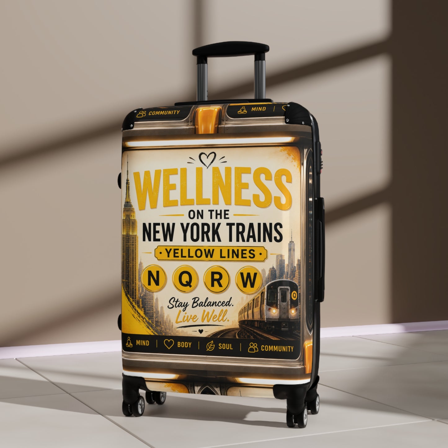 Wellness on the New York Trains Carry-On Suitcase — Yellow Lines NQRW Travel Luggage