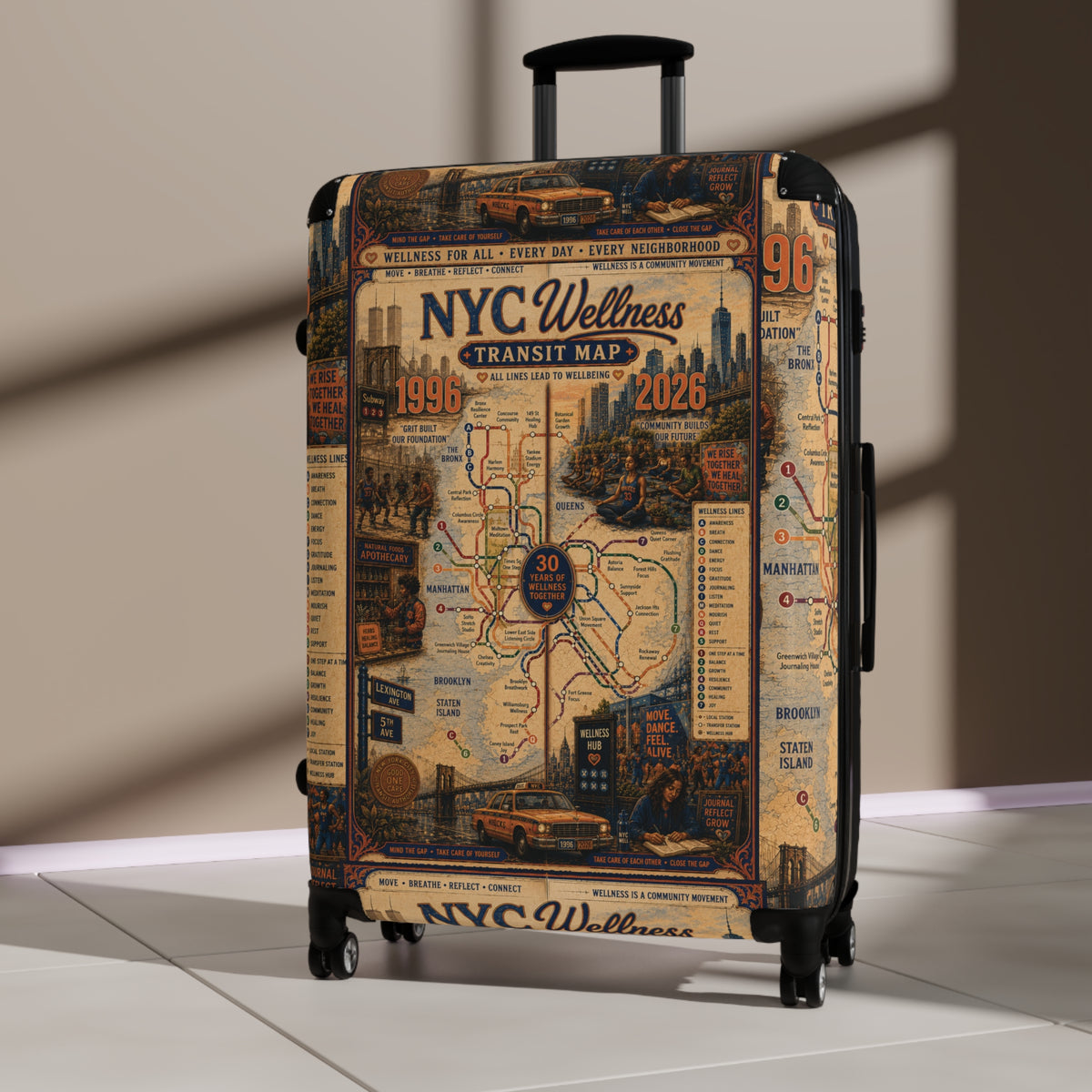 NYC Transit Map Carry-On Suitcase — Vintage Wellness Map Design