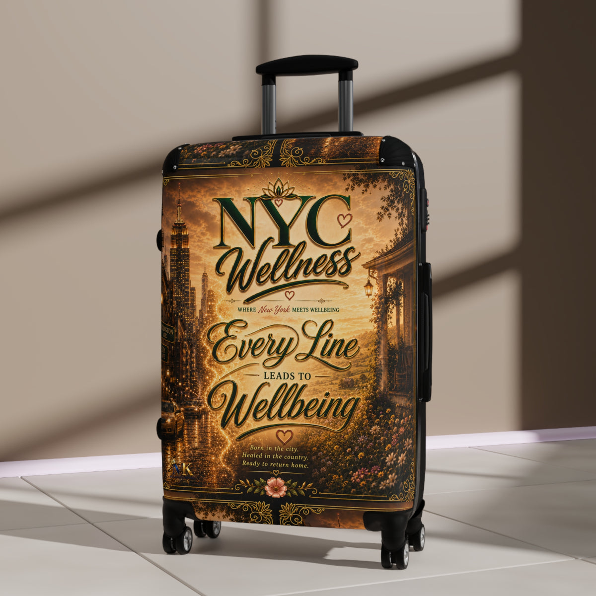NYC Wellness Suitcase - Vintage Travel Luggage with "Every Line Leads to Wellbeing" Design