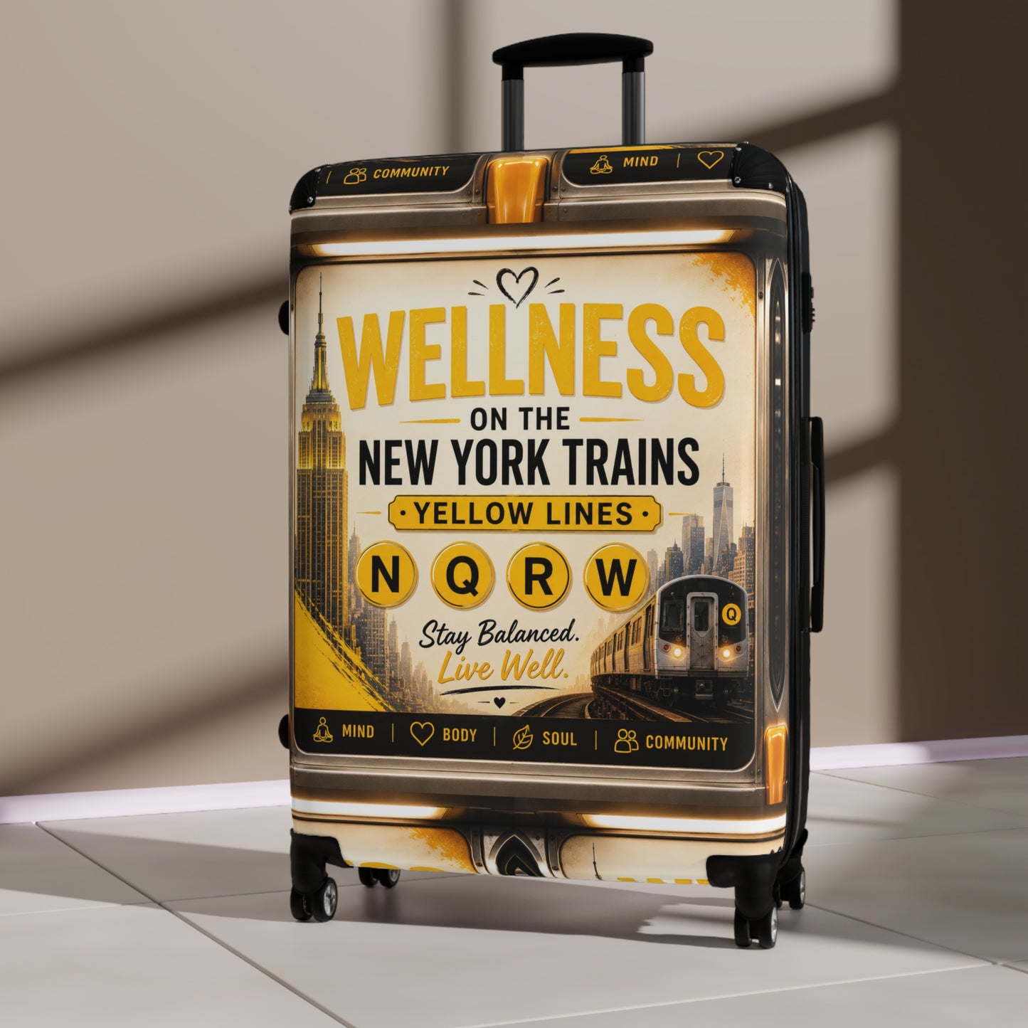 Wellness on the New York Trains Carry-On Suitcase — Yellow Lines NQRW Travel Luggage