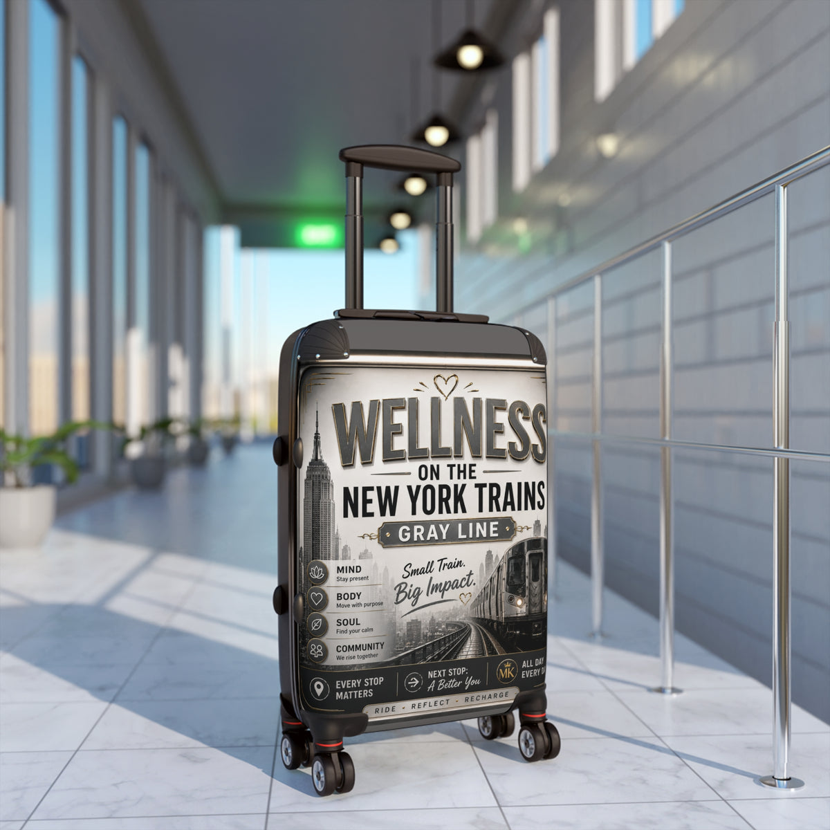Wellness Train Suitcase – New York Trains Graphic Carry-On Gray Line