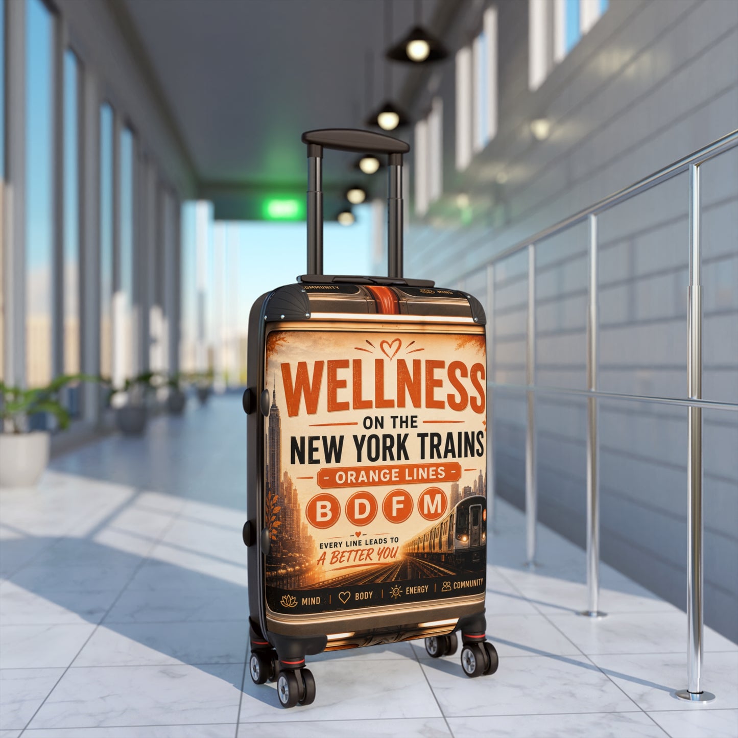 Wellness on the New York Trains Carry-On Suitcase — Vintage Subway Design (B D F M Orange Lines)