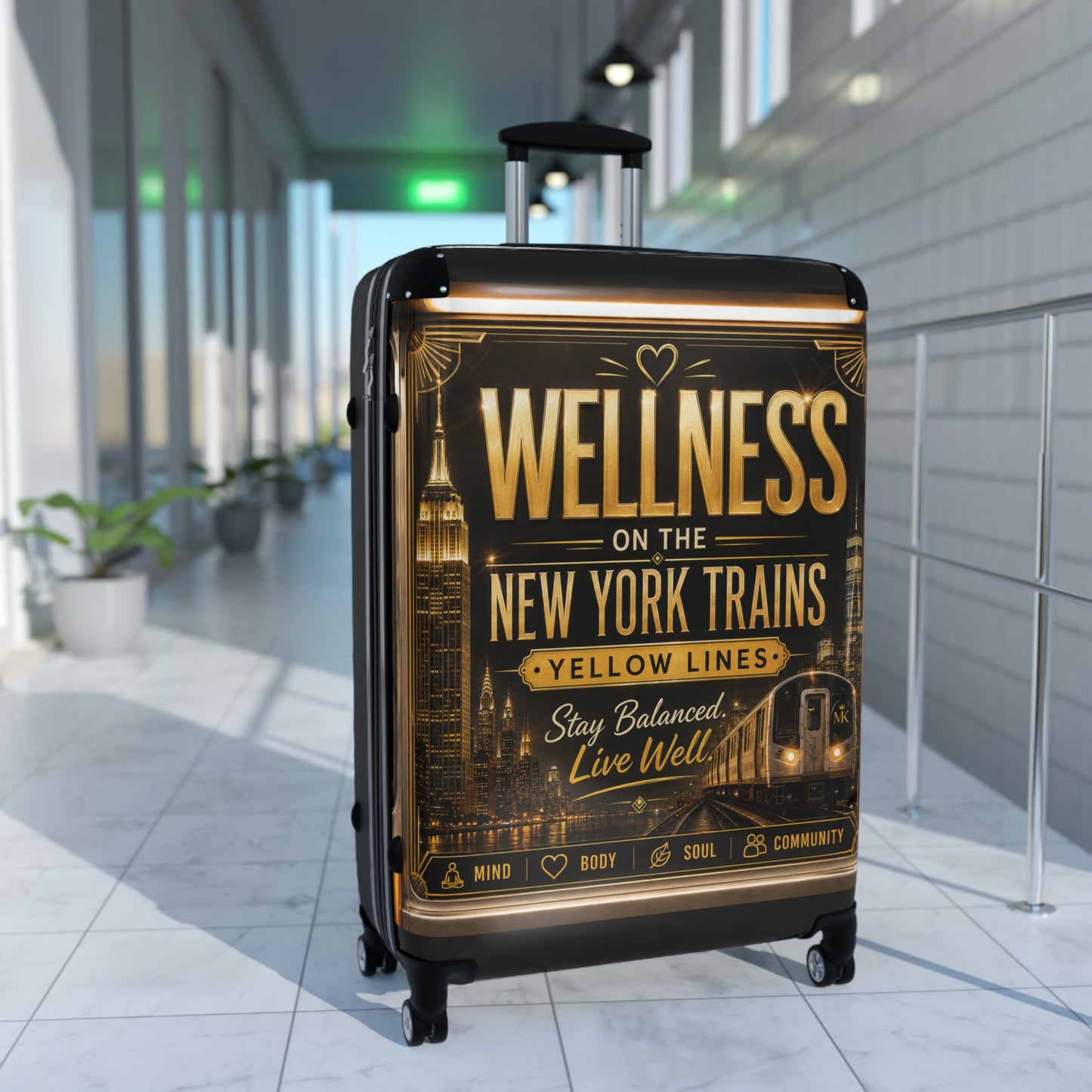 Wellness on the New York Trains Suitcase – Travel Carry-On with Motivational NYC Design Yellow Line