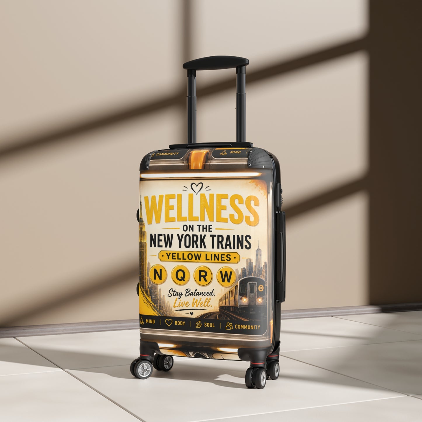 Wellness on the New York Trains Carry-On Suitcase — Yellow Lines NQRW Travel Luggage