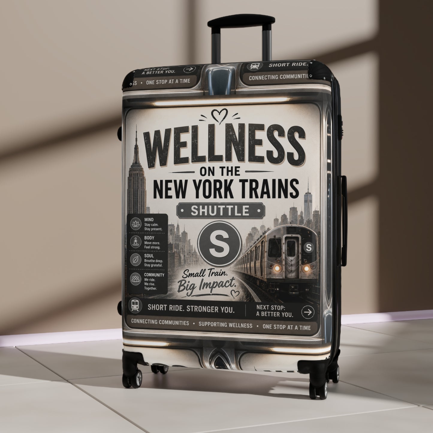 Wellness on the New York Trains Suitcase — Vintage Subway Poster Carry-On Shuttle Line