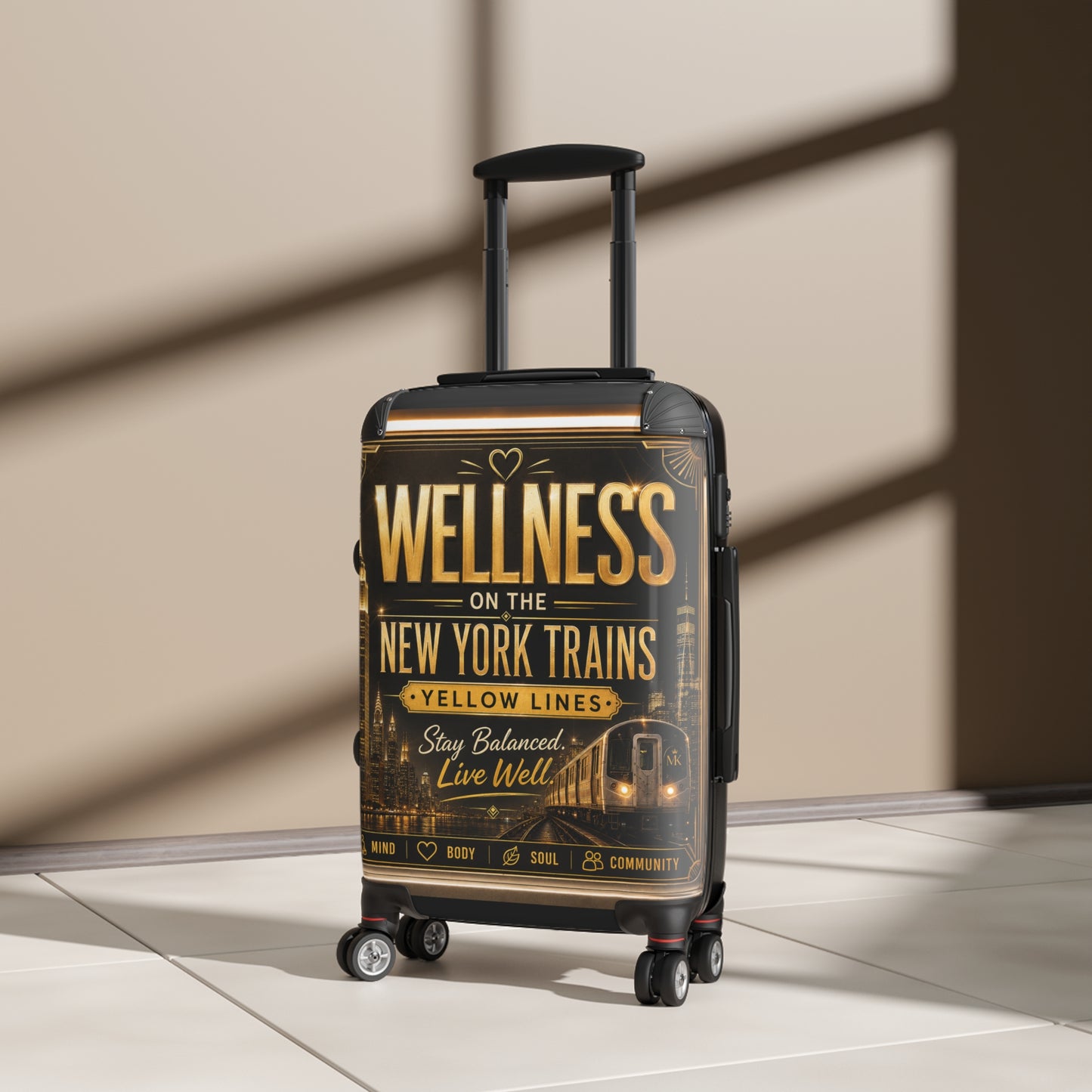 Wellness on the New York Trains Suitcase – Travel Carry-On with Motivational NYC Design Yellow Line
