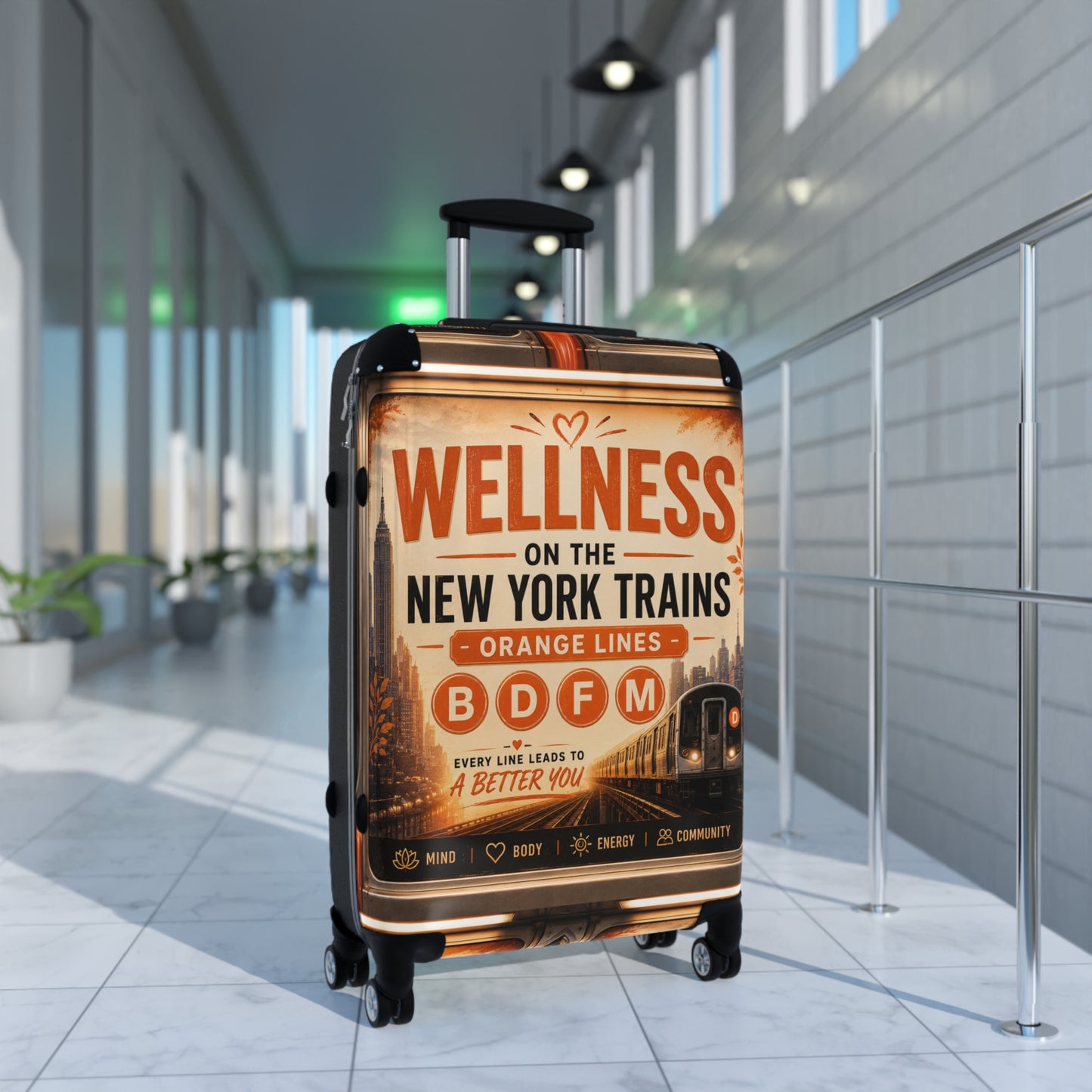 Wellness on the New York Trains Carry-On Suitcase — Vintage Subway Design (B D F M Orange Lines)