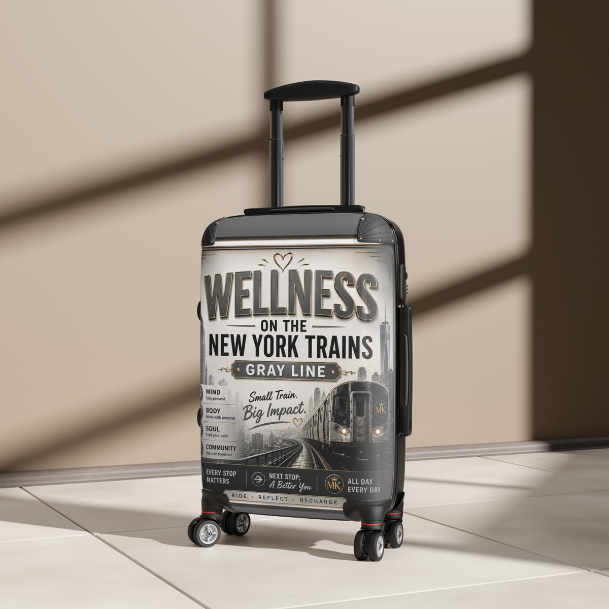 Wellness Train Suitcase – New York Trains Graphic Carry-On Gray Line