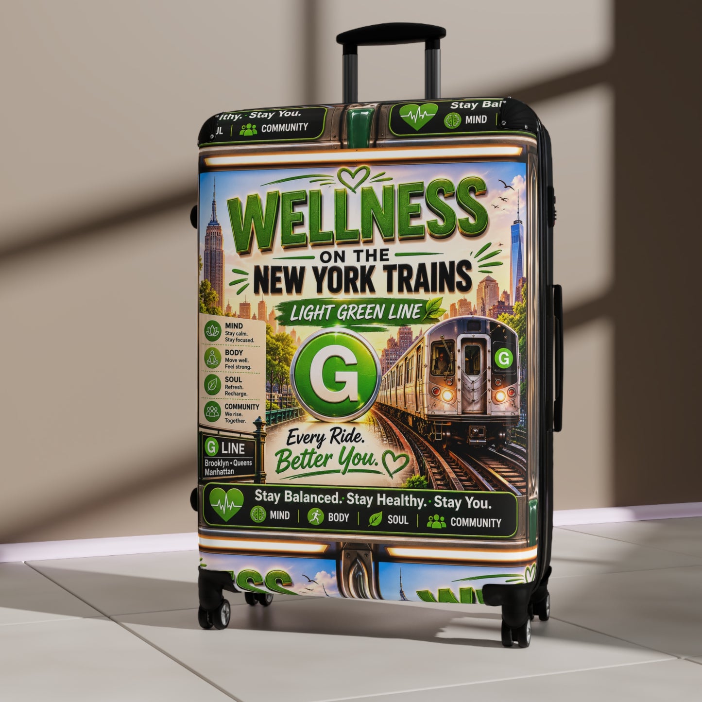 Wellness on the New York Trains Suitcase — Light Green Line Travel Carry-On