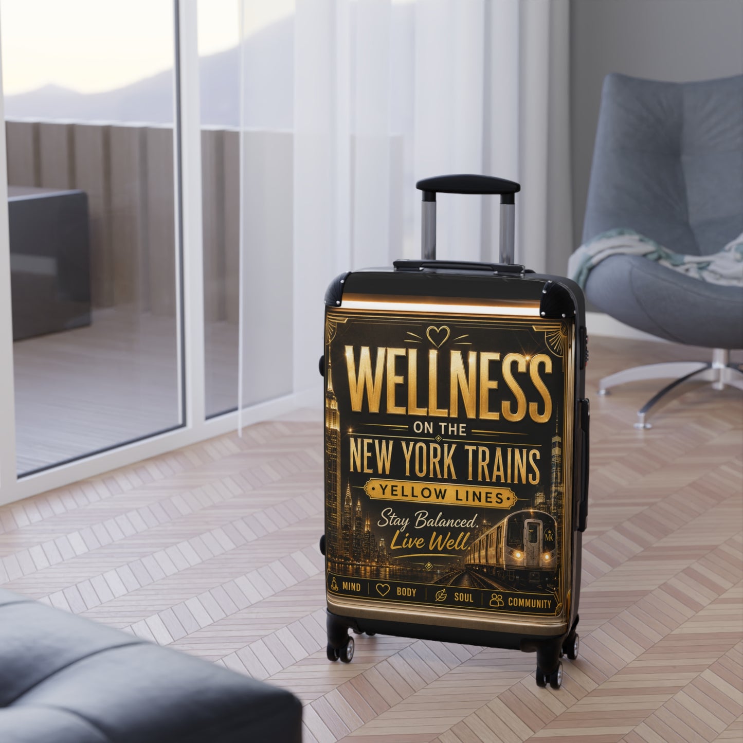 Wellness on the New York Trains Suitcase – Travel Carry-On with Motivational NYC Design Yellow Line