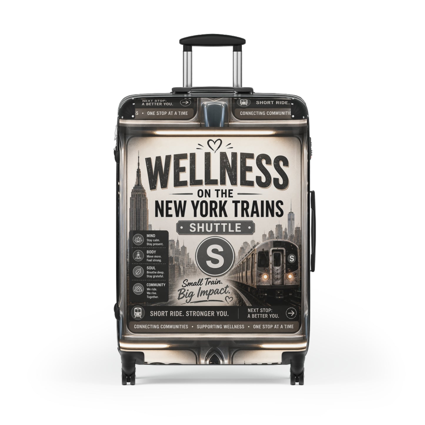 Wellness on the New York Trains Suitcase — Vintage Subway Poster Carry-On Shuttle Line
