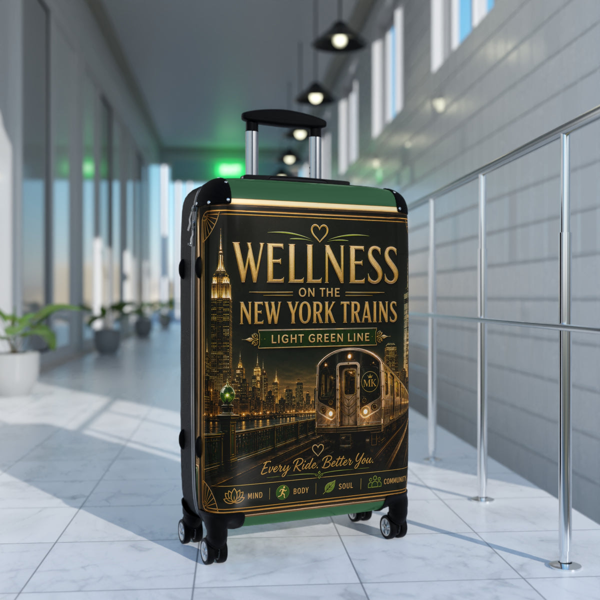 Wellness on the New York Trains Carry-On Suitcase — Light Green Line Travel Luggage