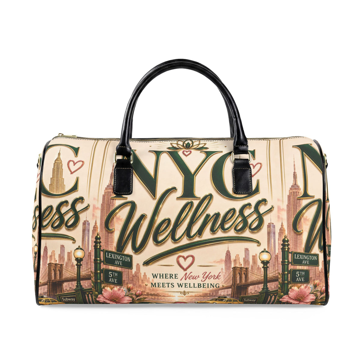 Wellness NYC Faux Leather Travel Bag — 'NYC Wellness' Printed Weekender Duffel