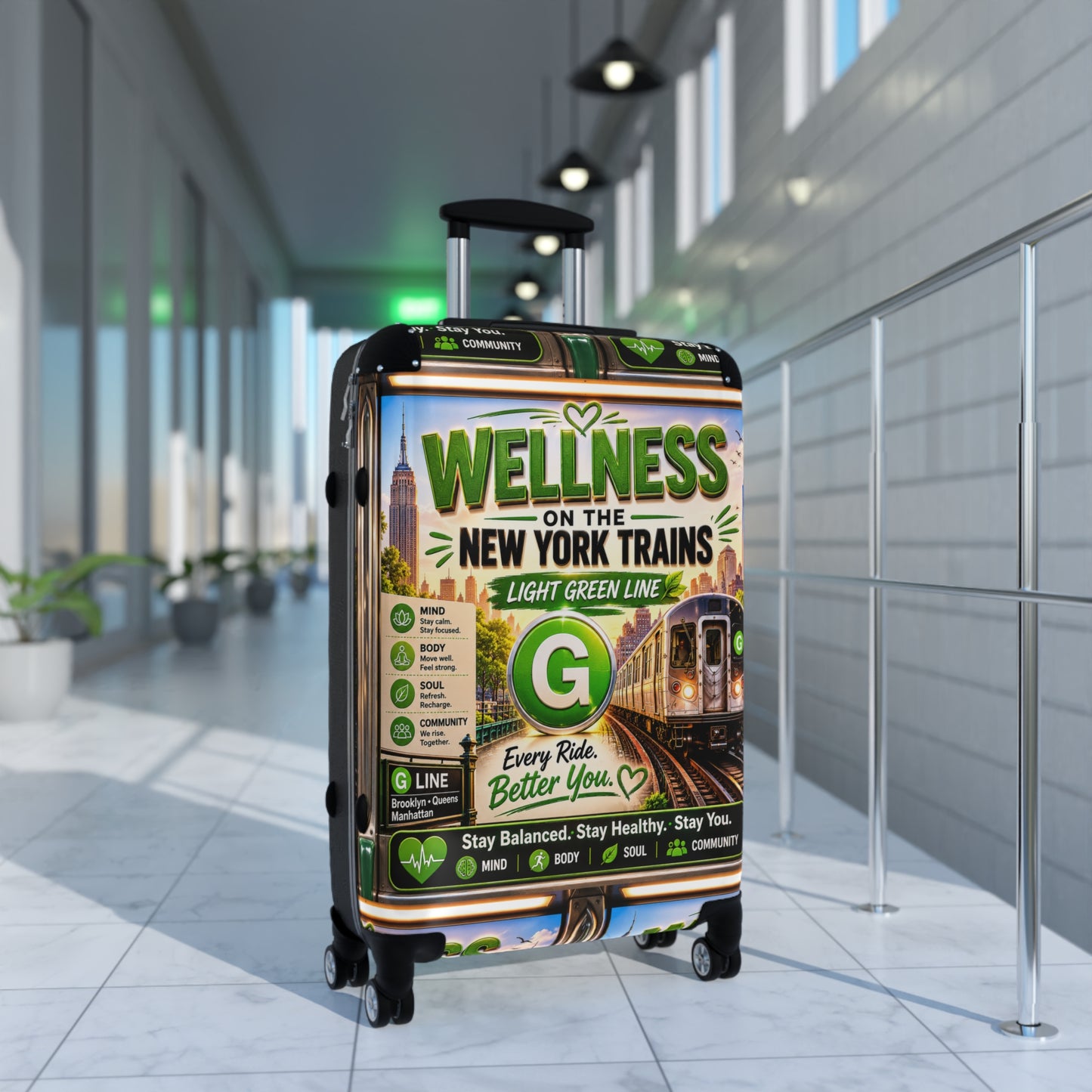 Wellness on the New York Trains Suitcase — Light Green Line Travel Carry-On