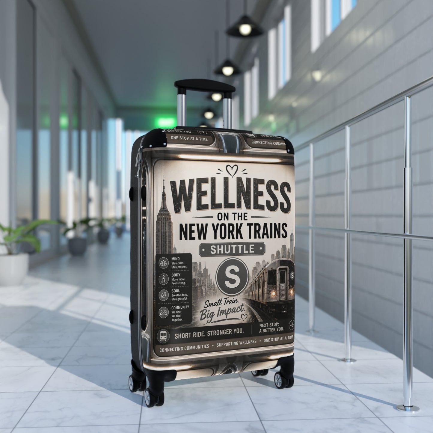 Wellness on the New York Trains Suitcase — Vintage Subway Poster Carry-On Shuttle Line