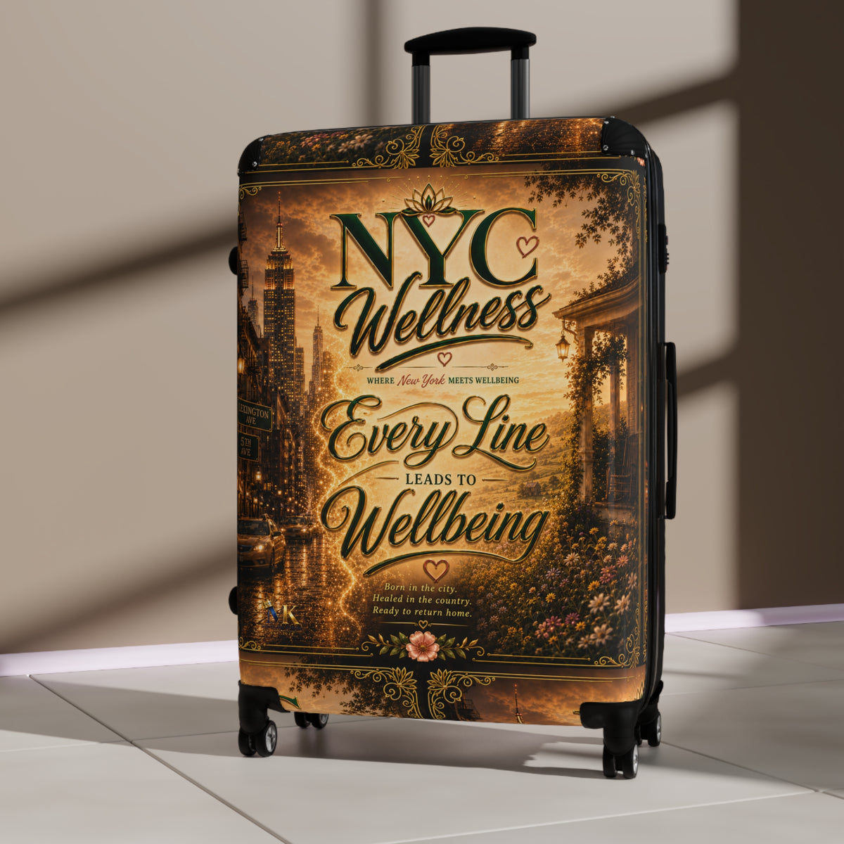 NYC Wellness Suitcase - Vintage Travel Luggage with "Every Line Leads to Wellbeing" Design