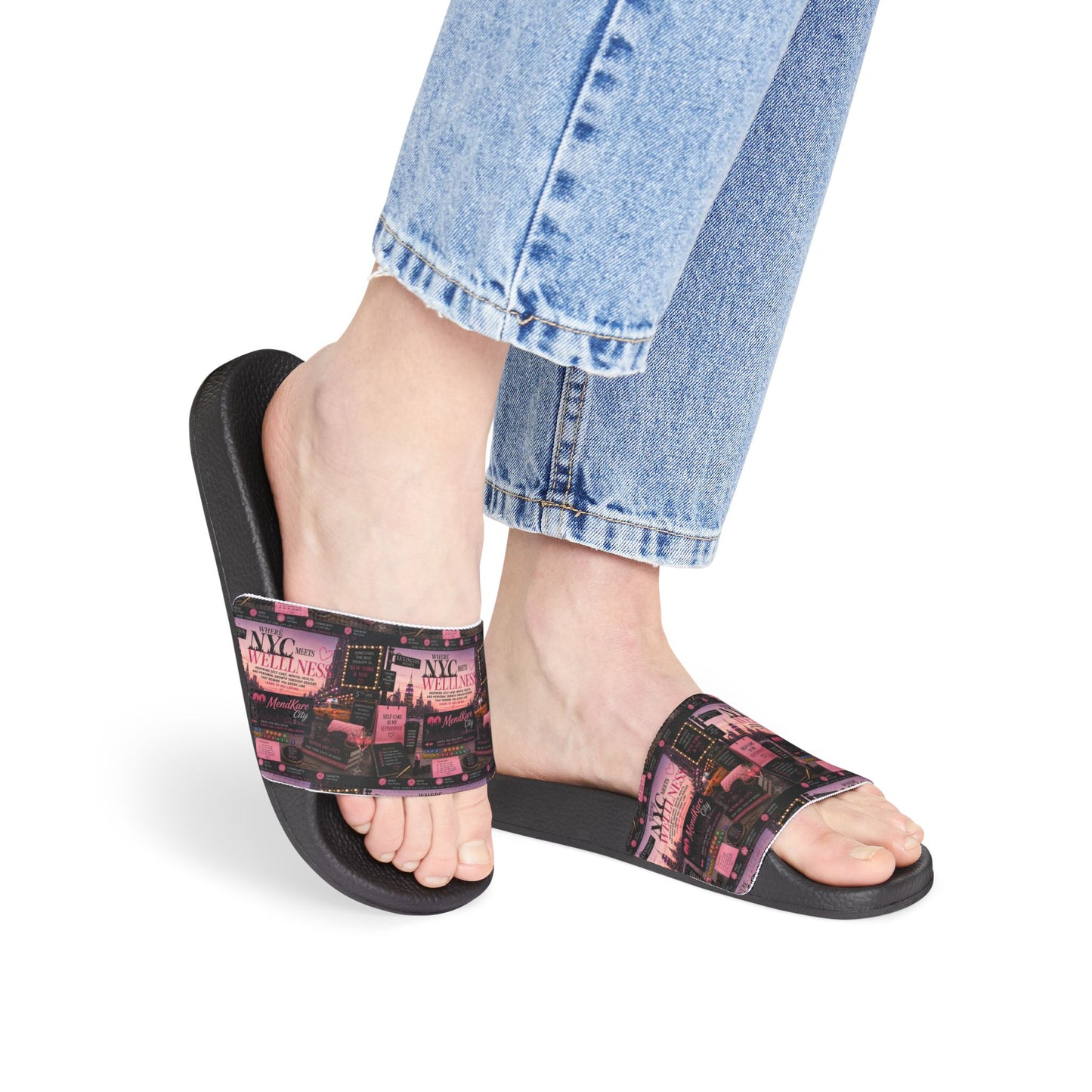 Slide Sandals — Pink Neon City Print Removable-Strap Slides