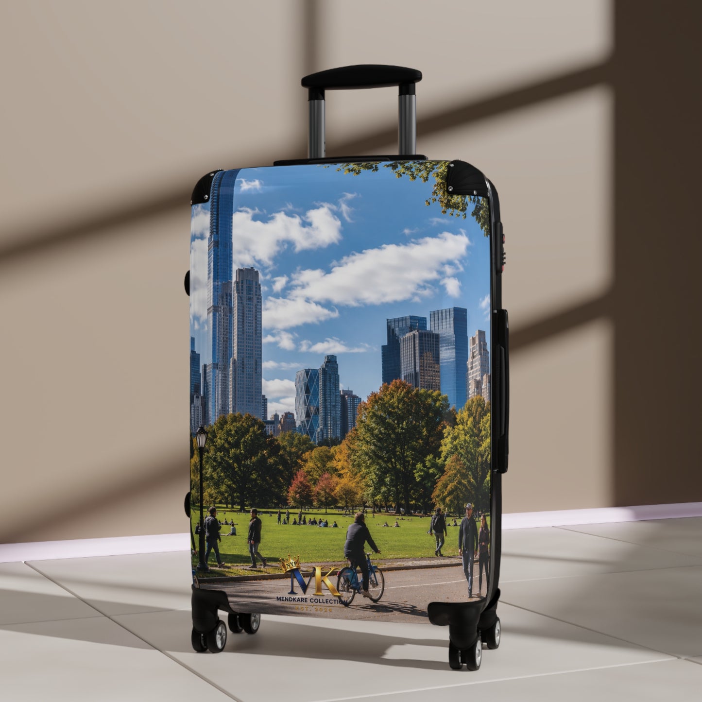 City Park Skyline Carry-On Suitcase – Urban Photography Luggage with Bicycle Scene