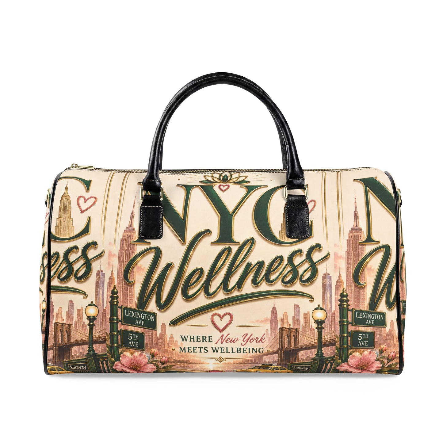 Wellness NYC Faux Leather Travel Bag — 'NYC Wellness' Printed Weekender Duffel