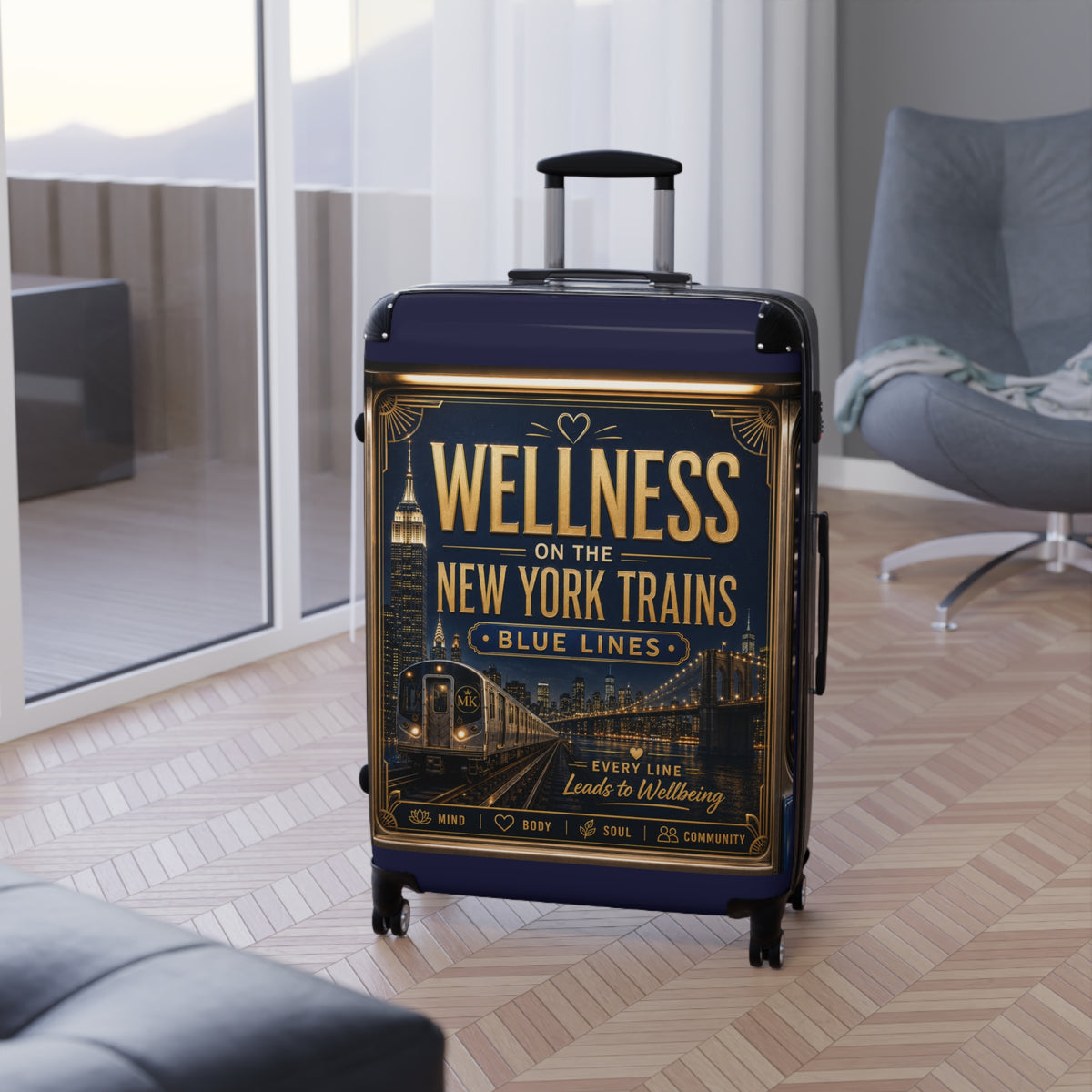 Wellness on the New York Trains Suitcase – Vintage NYC Blue Lines Carry-On