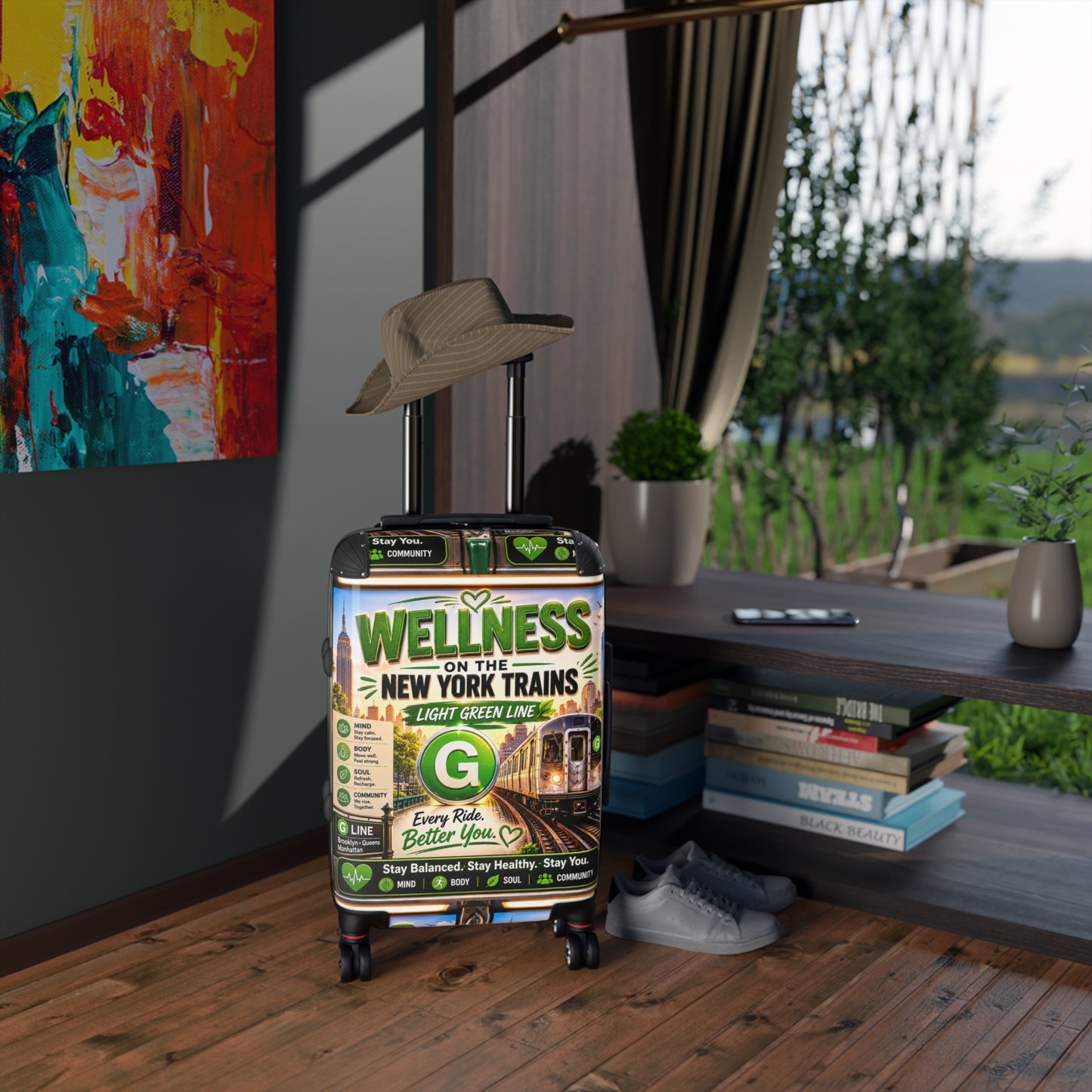 Wellness on the New York Trains Suitcase — Light Green Line Travel Carry-On
