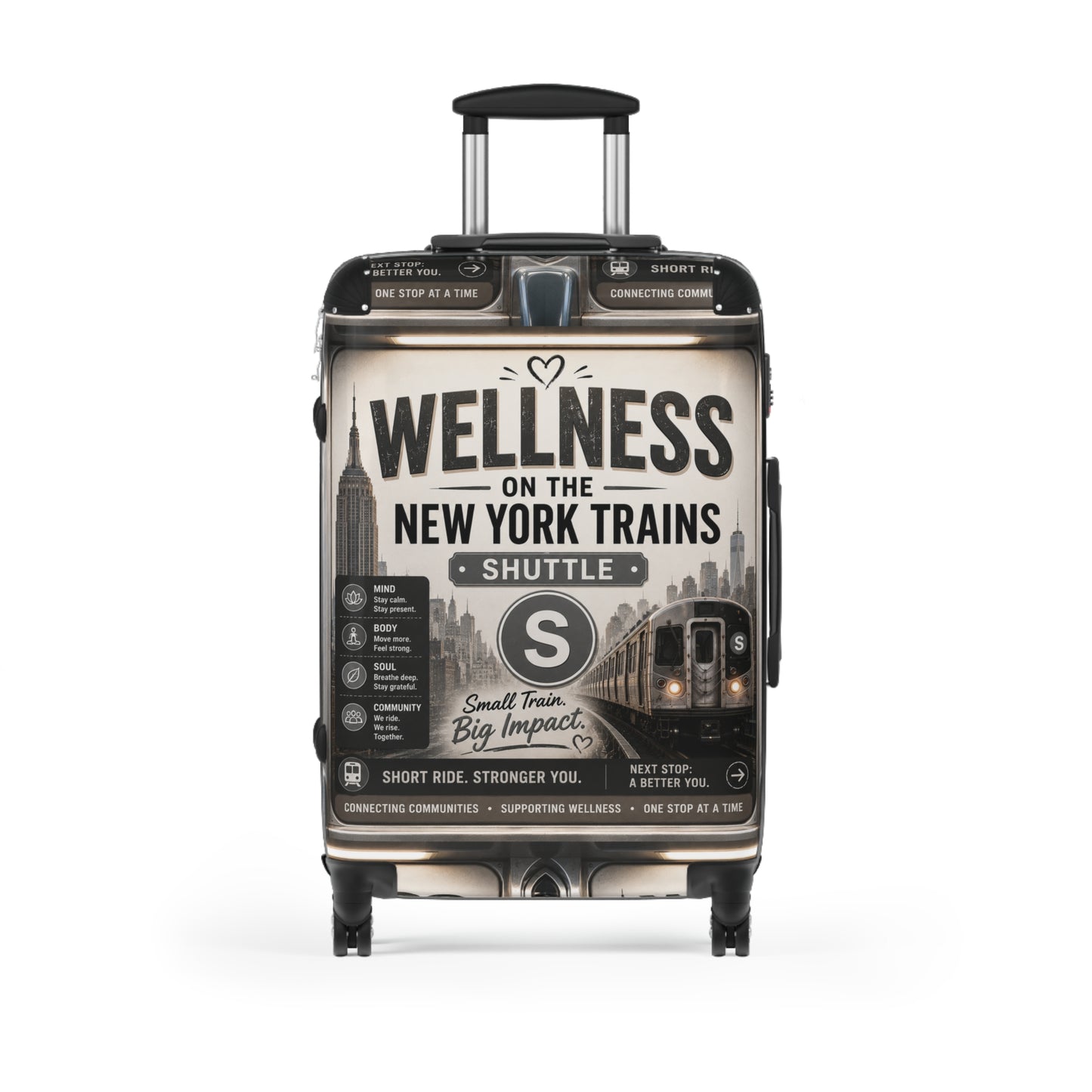 Wellness on the New York Trains Suitcase — Vintage Subway Poster Carry-On Shuttle Line