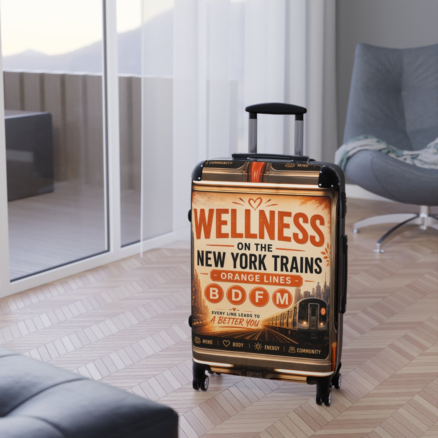 Wellness on the New York Trains Carry-On Suitcase — Vintage Subway Design (B D F M Orange Lines)