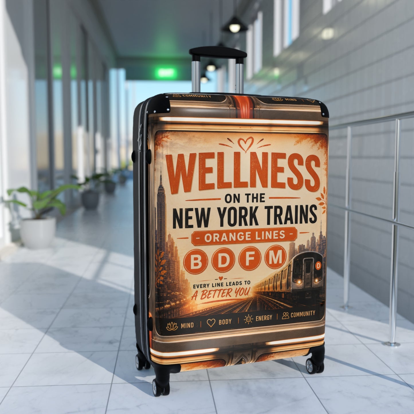 Wellness on the New York Trains Carry-On Suitcase — Vintage Subway Design (B D F M Orange Lines)