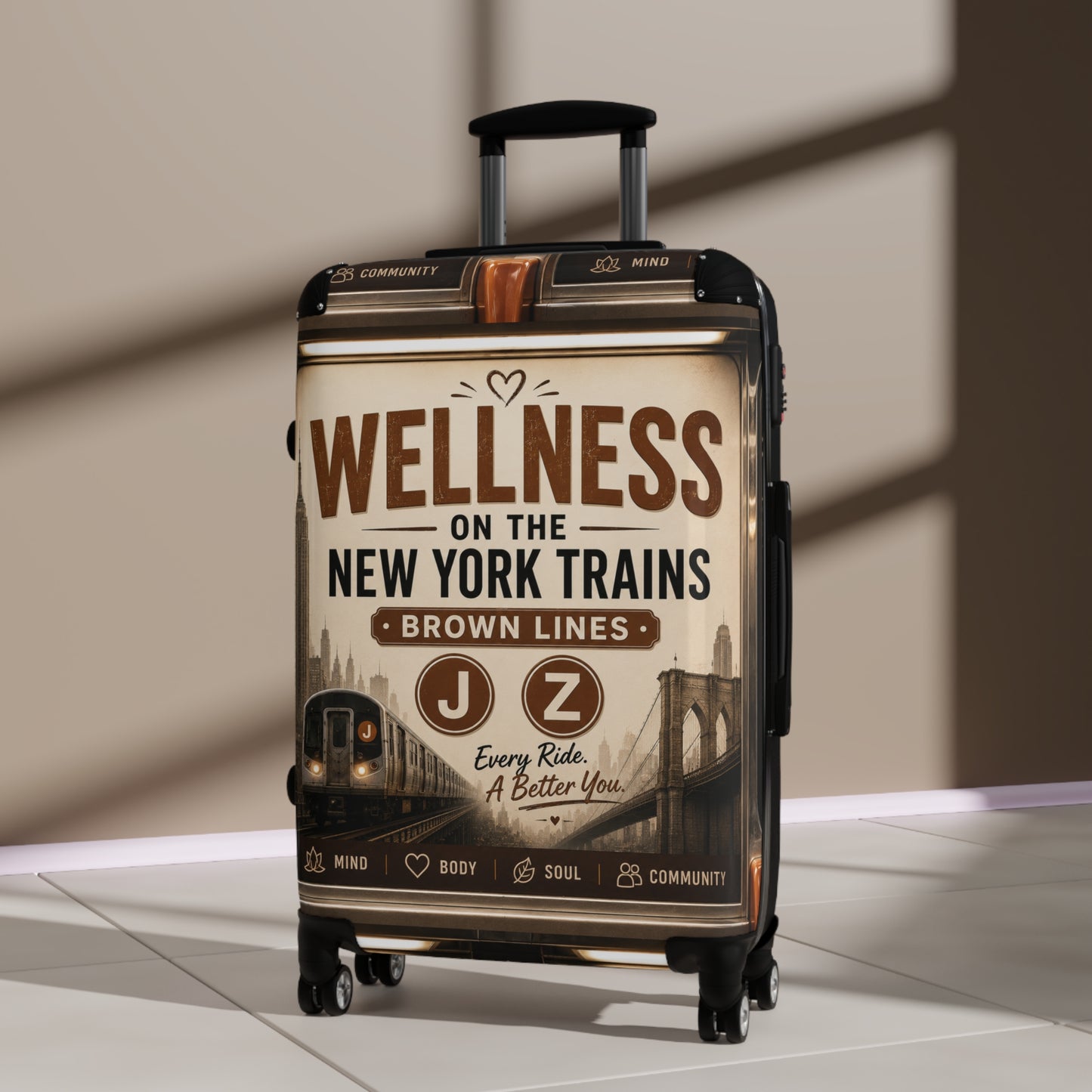 Wellness on the New York Trains Carry-On Suitcase — J/Z Brown Lines Vintage Subway Design
