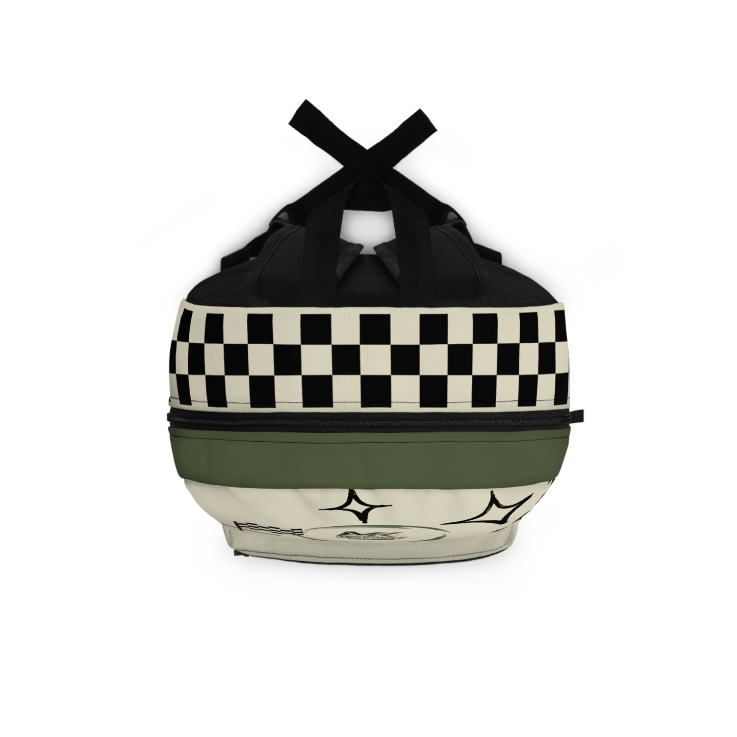 Racing Smile Backpack — Olive Checkerboard Flag Print