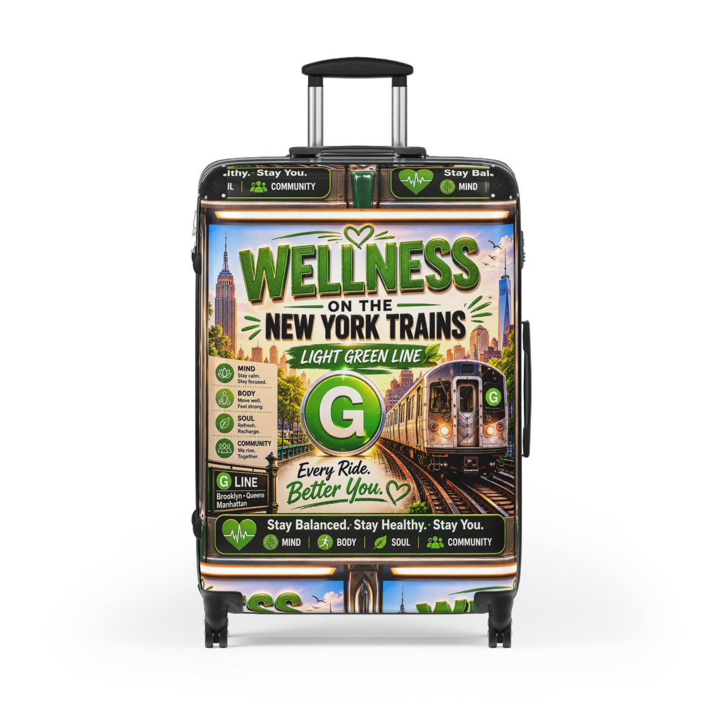 Wellness on the New York Trains Suitcase — Light Green Line Travel Carry-On