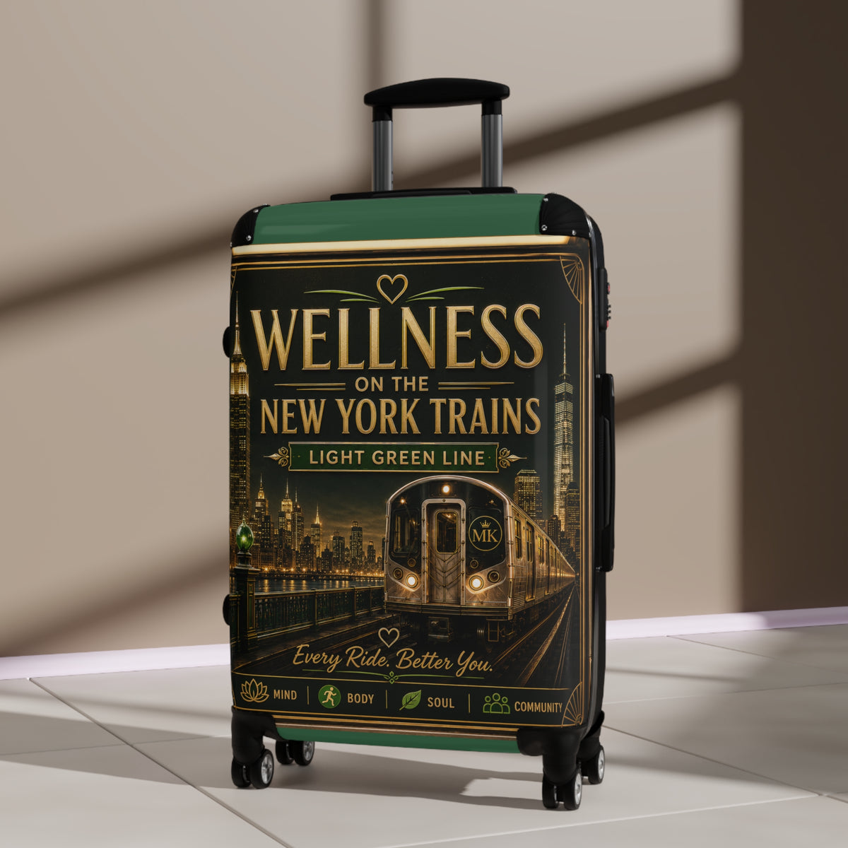 Wellness on the New York Trains Carry-On Suitcase — Light Green Line Travel Luggage