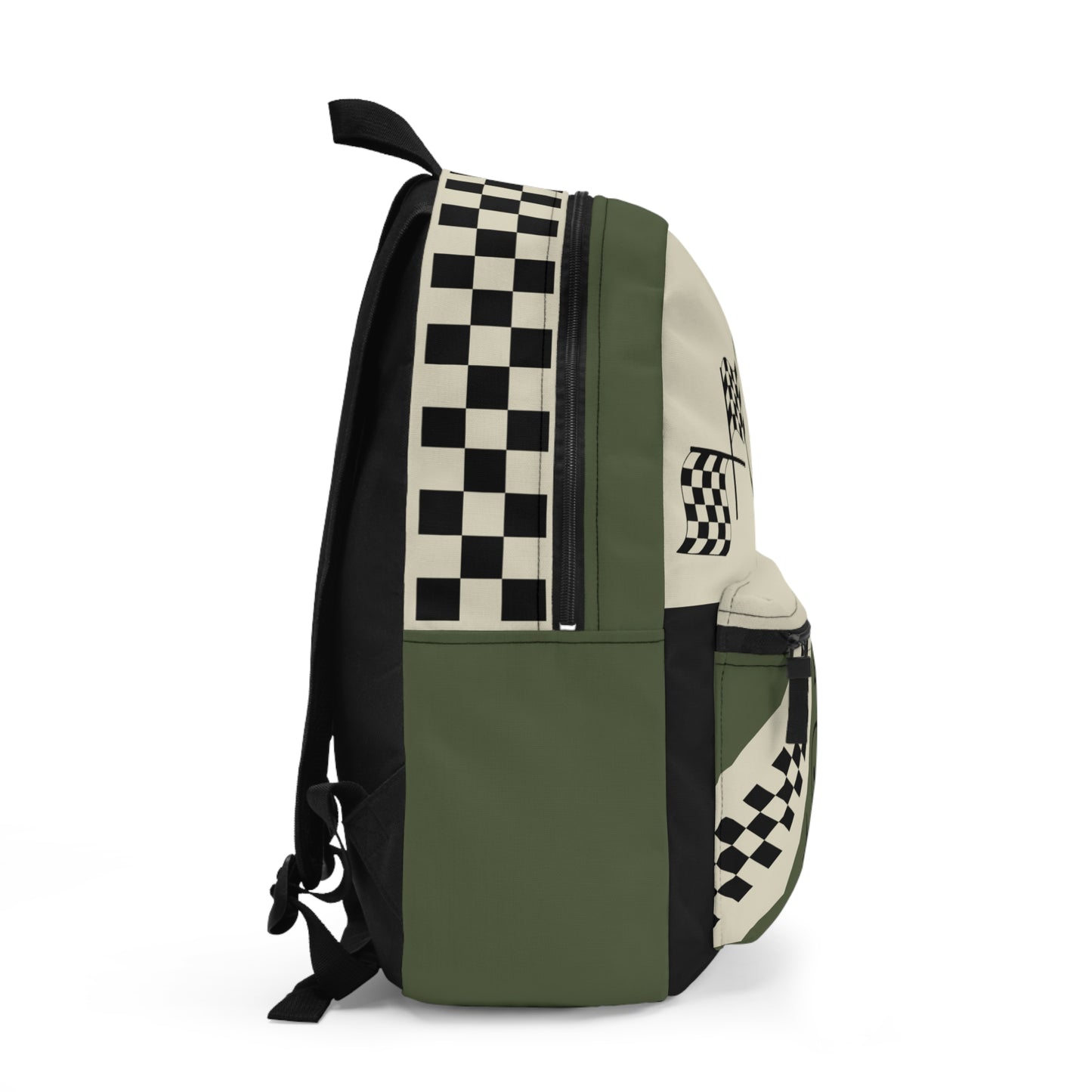 Racing Smile Backpack — Olive Checkerboard Flag Print
