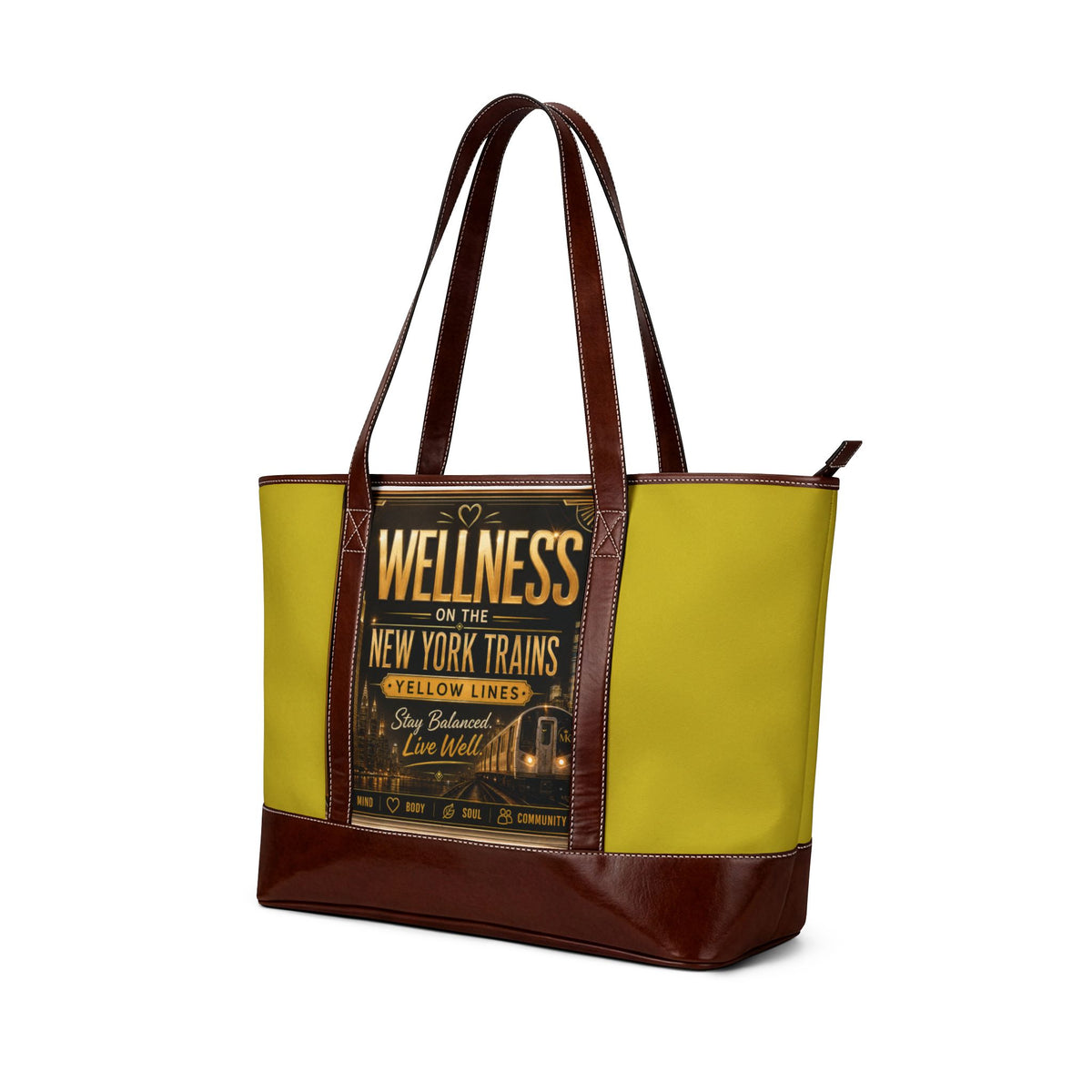 Wellness on the New York Trains Tote Handbag – Yellow Vintage Transit Graphic