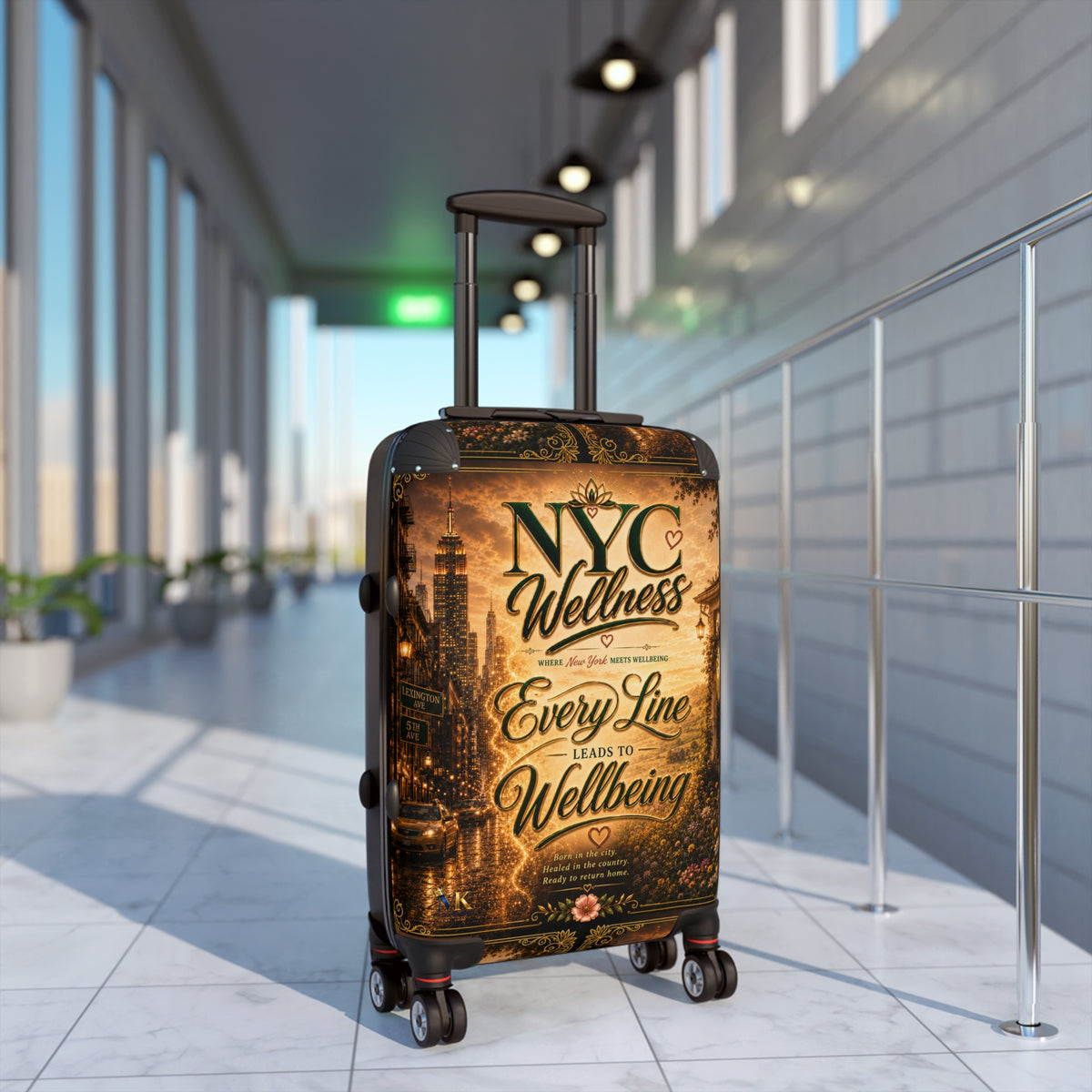 NYC Wellness Suitcase - Vintage Travel Luggage with "Every Line Leads to Wellbeing" Design