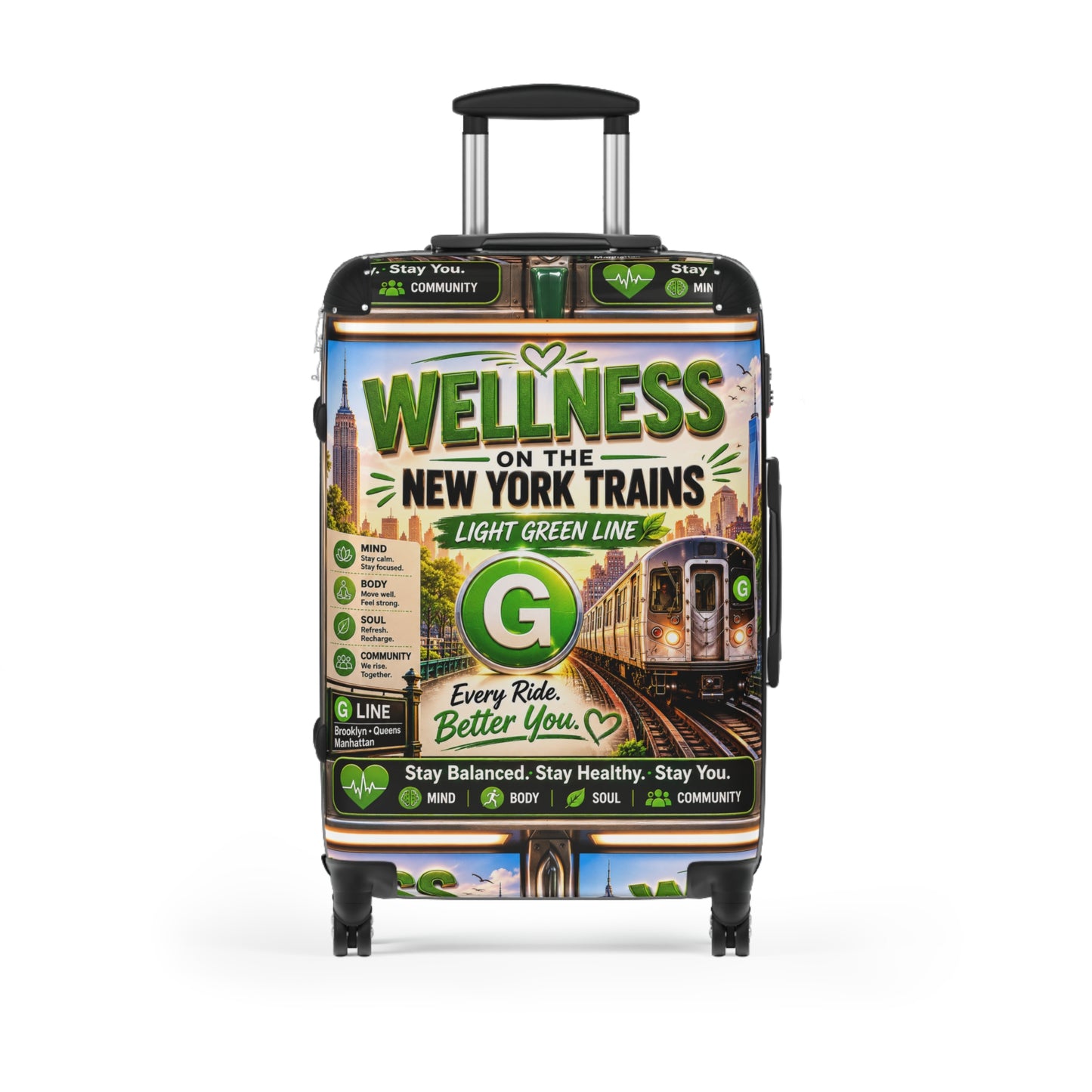 Wellness on the New York Trains Suitcase — Light Green Line Travel Carry-On