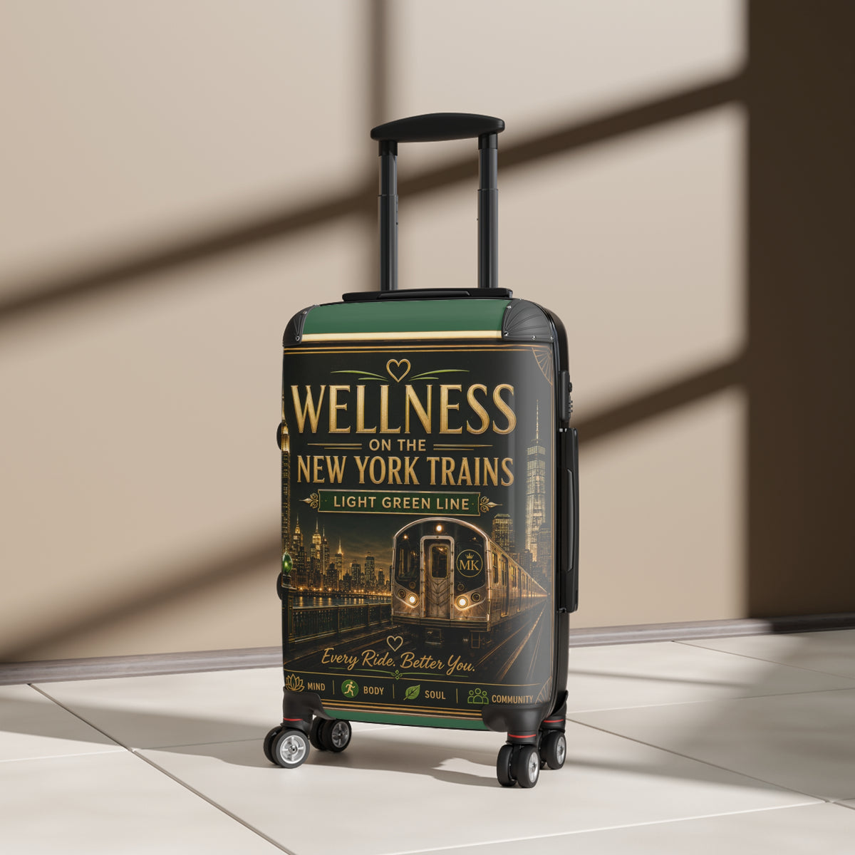 Wellness on the New York Trains Carry-On Suitcase — Light Green Line Travel Luggage