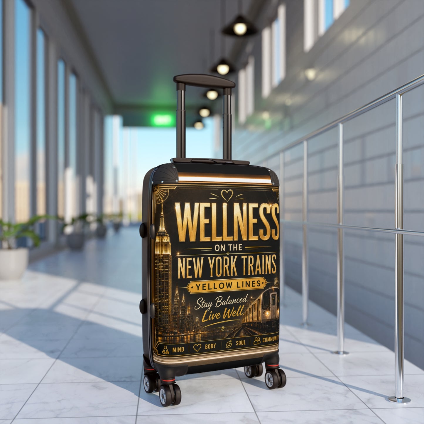 Wellness on the New York Trains Suitcase – Travel Carry-On with Motivational NYC Design Yellow Line