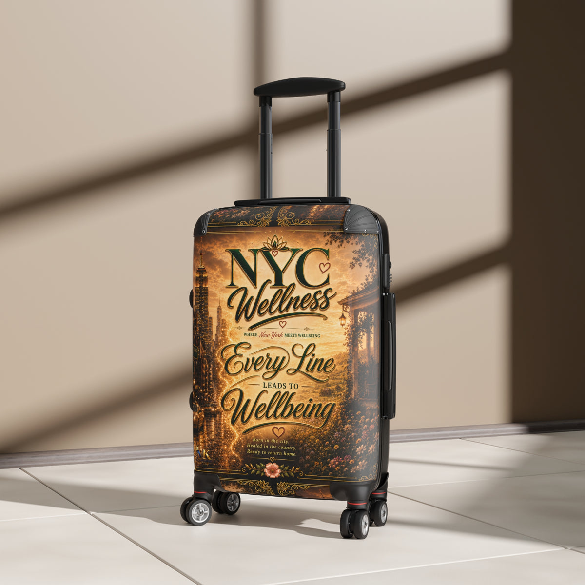 NYC Wellness Suitcase - Vintage Travel Luggage with "Every Line Leads to Wellbeing" Design