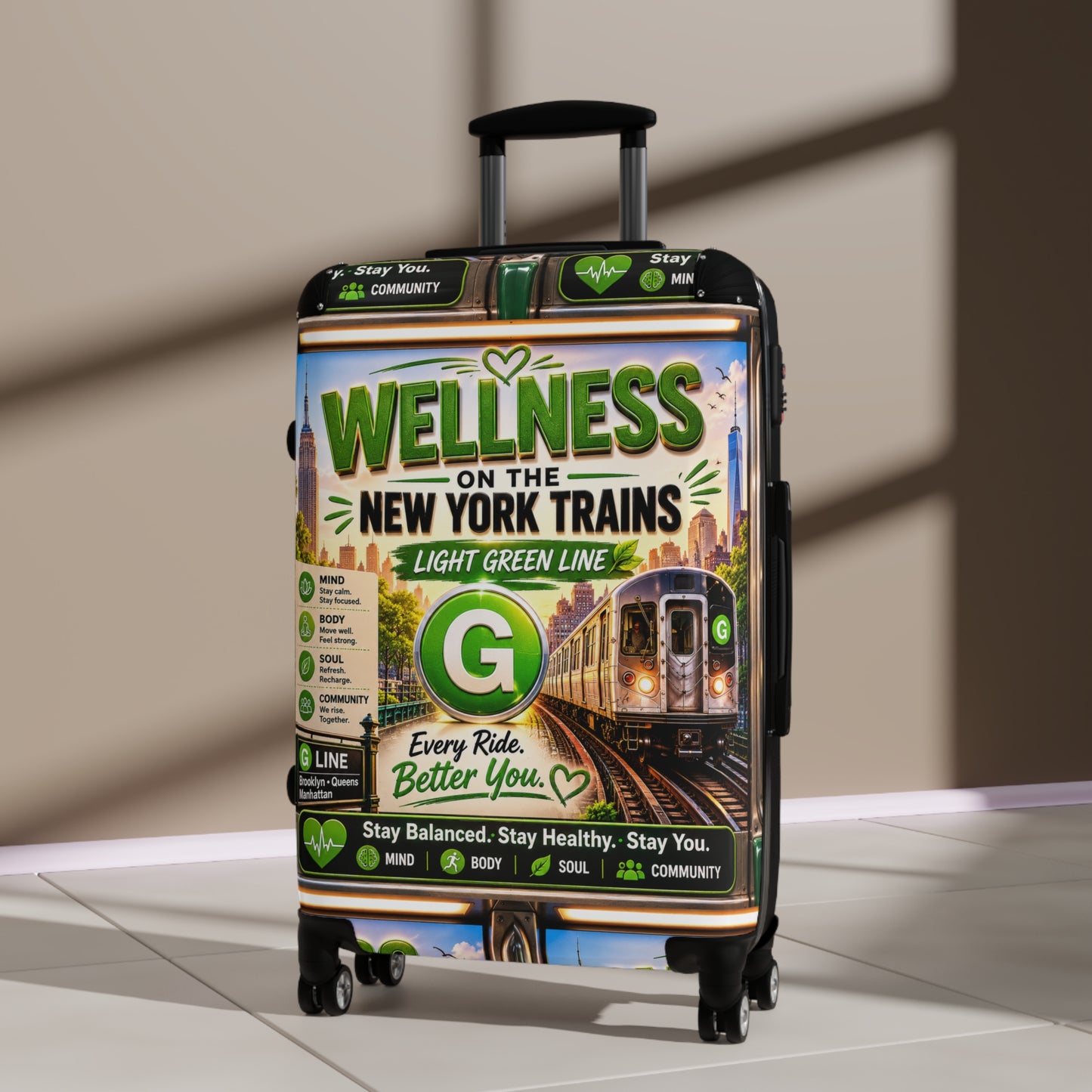 Wellness on the New York Trains Suitcase — Light Green Line Travel Carry-On