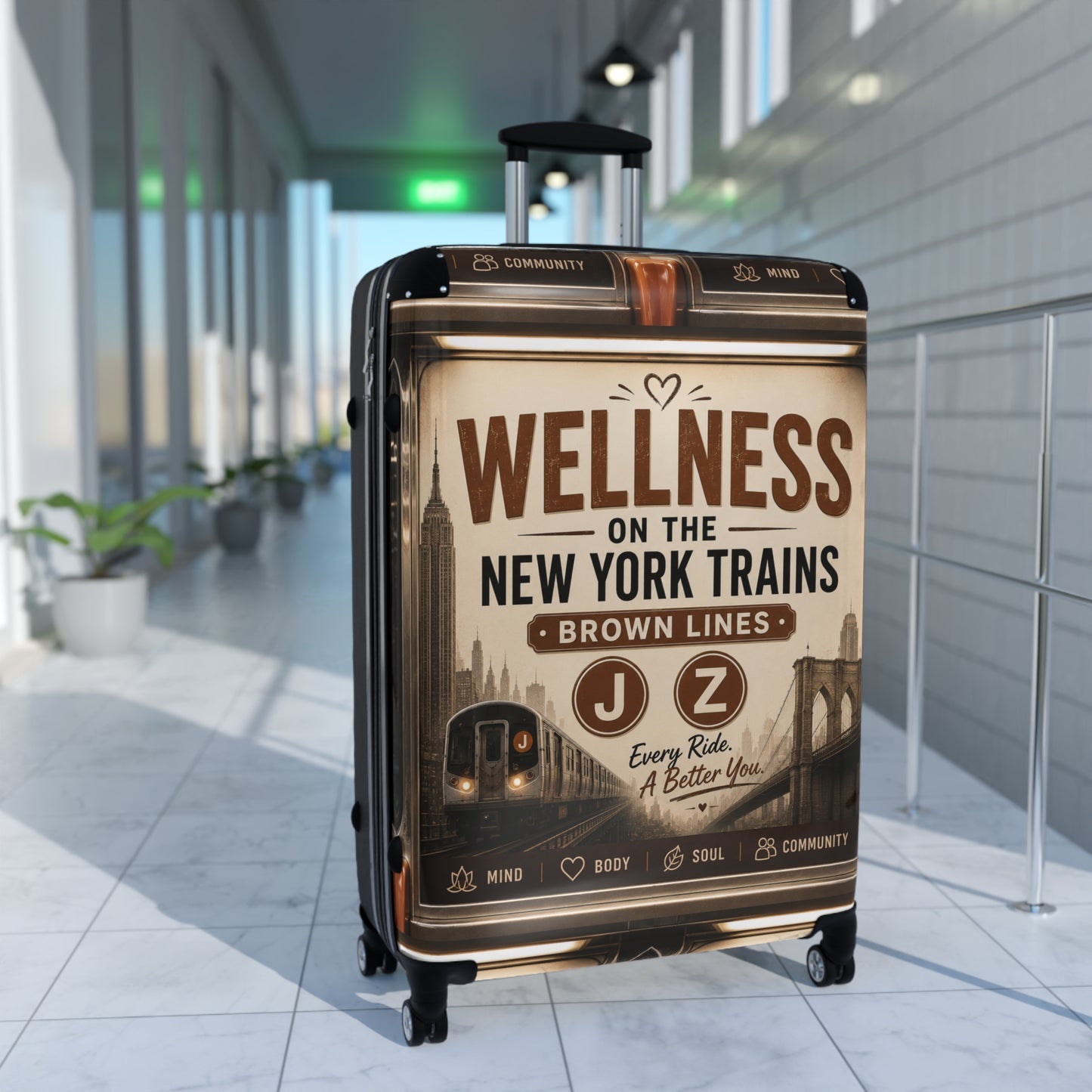 Wellness on the New York Trains Carry-On Suitcase — J/Z Brown Lines Vintage Subway Design